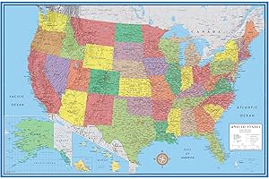 SWIFTMAPS 24x36 United States Classic Premier Blue Oceans 3D Wall Map Poster, Laminated Edition