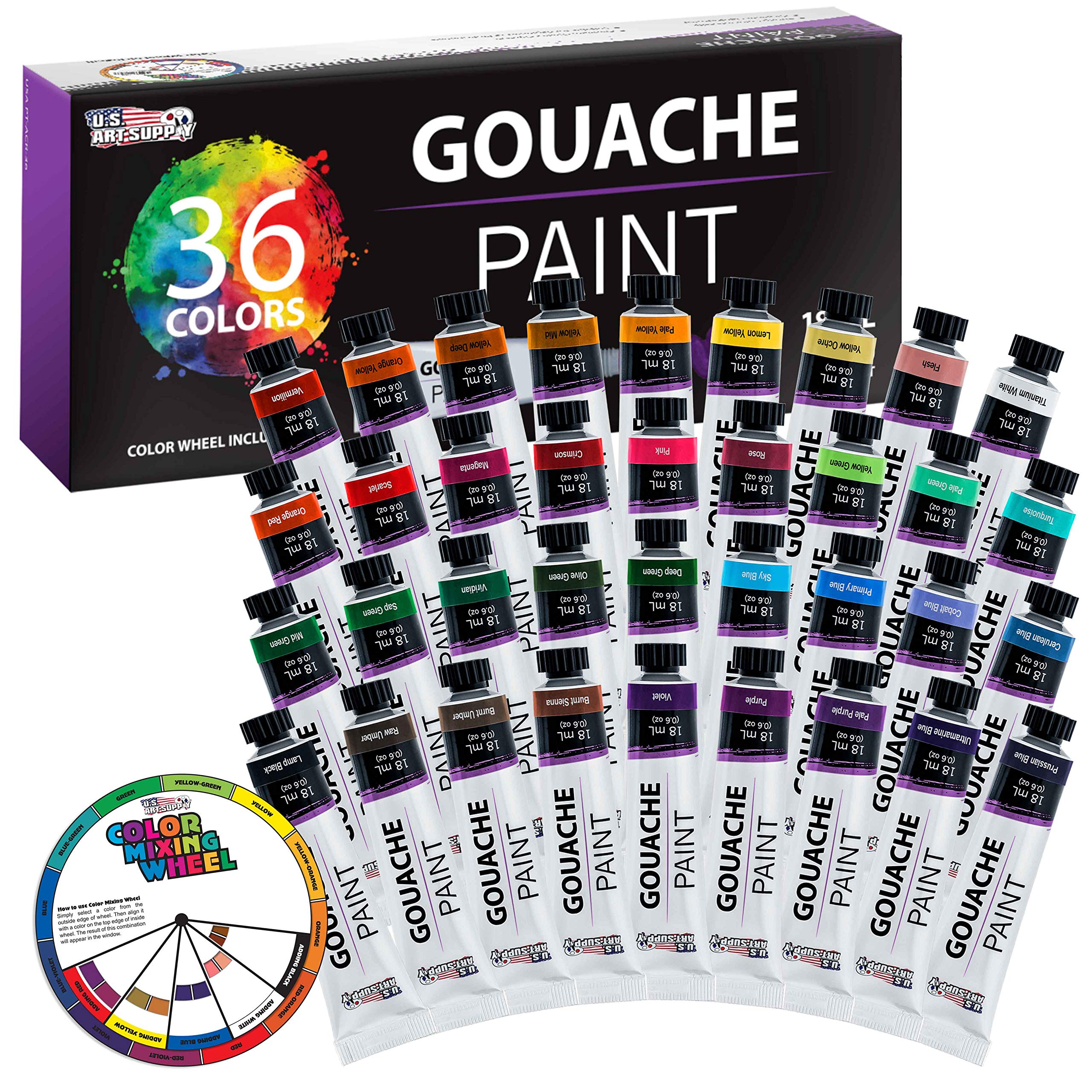 U.S. Art Supply Professional 36 Color Set of Gouache Paint in Large 18ml Tubes - Rich Vivid Colors for Artists, Students, Beginners - Canvas Portrait Paintings - Color Mixing Wheel