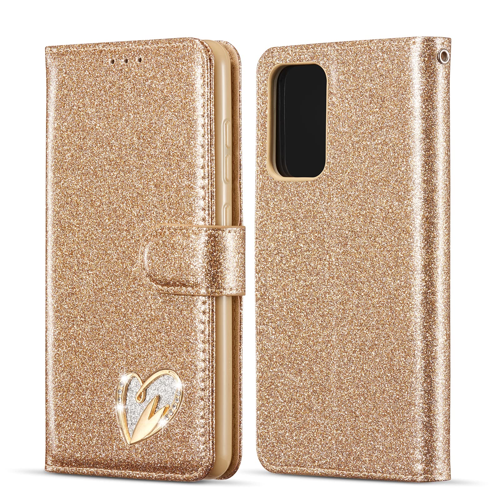 QLTYPRI Case for Samsung Galaxy A52 4G/5G/A52S 5G, Wallet Case Premium Glitter PU Leather TPU Bumper Card Holder [Wrist Strap] Inlaid Loving Heart Diamond Flip Cover for Galaxy A52/A52S 5G - Gold