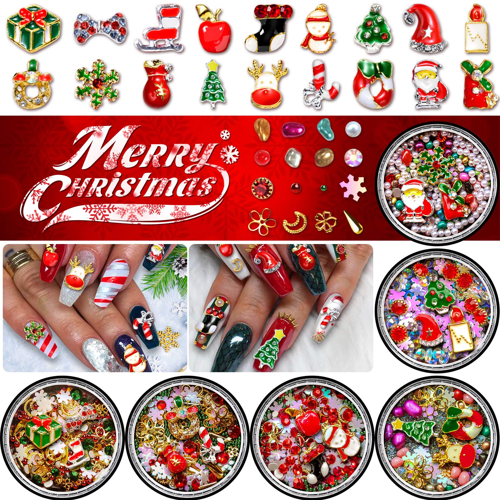 Photo 1 of Christmas Nail Rhinestones, Stocking Stuffers Gifts for Women Over 1500pcs 6 Pots 3D Nail Charms Sequins Alloy Santa Reindeer Snowman Snowflake Garland, Metal Nail Studs Gems Jewelry DIY