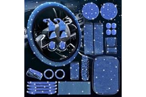 Zeinlenx 25 Pack Bling Car Accessories Set, Rhinestone Car Accessories Set for Women, Bling Steering Wheel Cover Universal Fit 15 Inch, Glitter Seat Belt, Sparkly Armrest Cover (Blue)