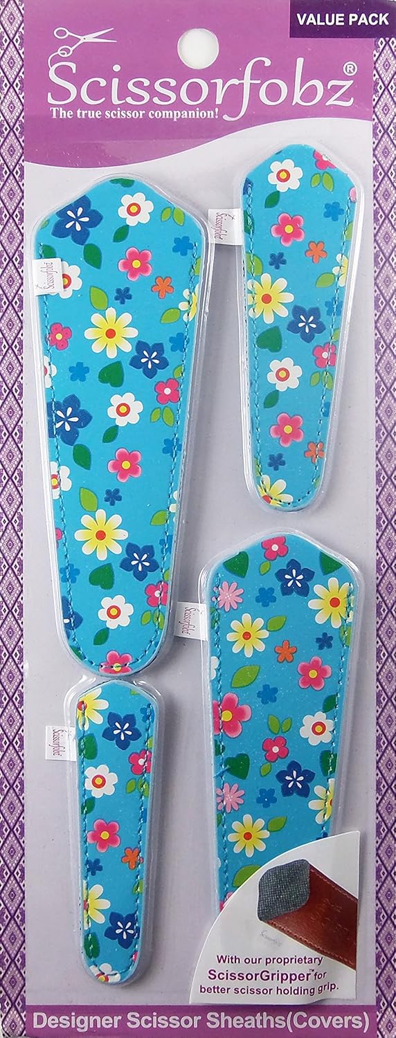 Scissors by SCISSORFOBZ with ScissorGripper -Value Pack-4 Sizes- Designer Scissor sheaths Covers Holders for Embroidery Sewing Quilting - Quilters sewers Gift - Turquoise Floral Garden. S-51