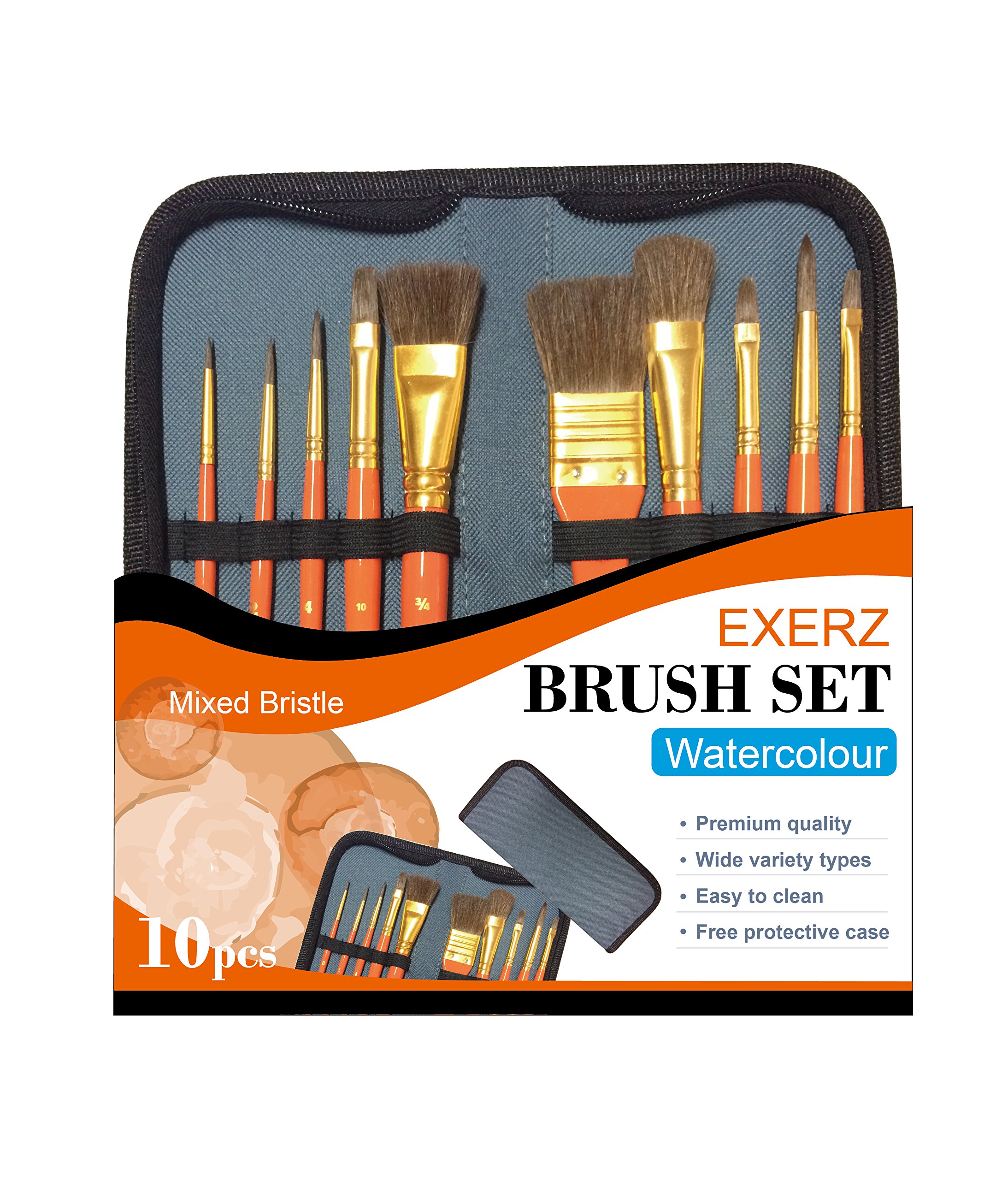 Exerz Artist Paint Brush Set – 10 pcs Professional Mixed Bristle Brushes in a Travel Case/Perfect for Watercolour Acrylic Gouache - Watercolour