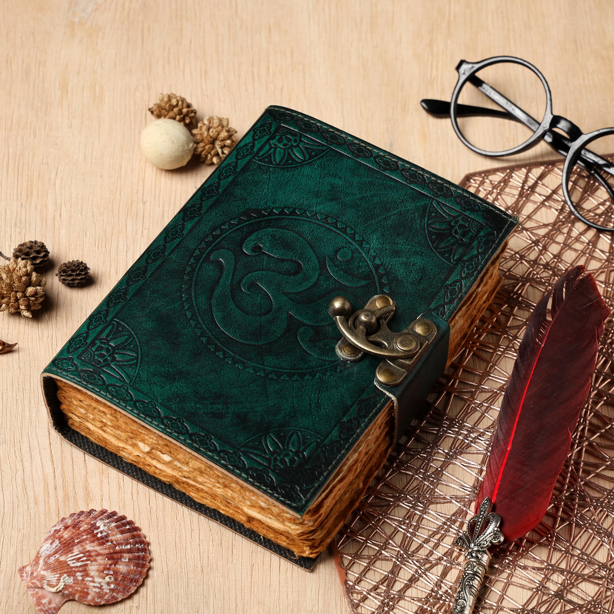 Purpledip Leather Diary Journal With Emboss Design 'Om': Handmade Tree-Free Cotton Paper With Deckled Edges In Antique Finish, Vintage Lock, 7 * 5 Inches, 188 Pages, Eco Friendly Gift (12726)