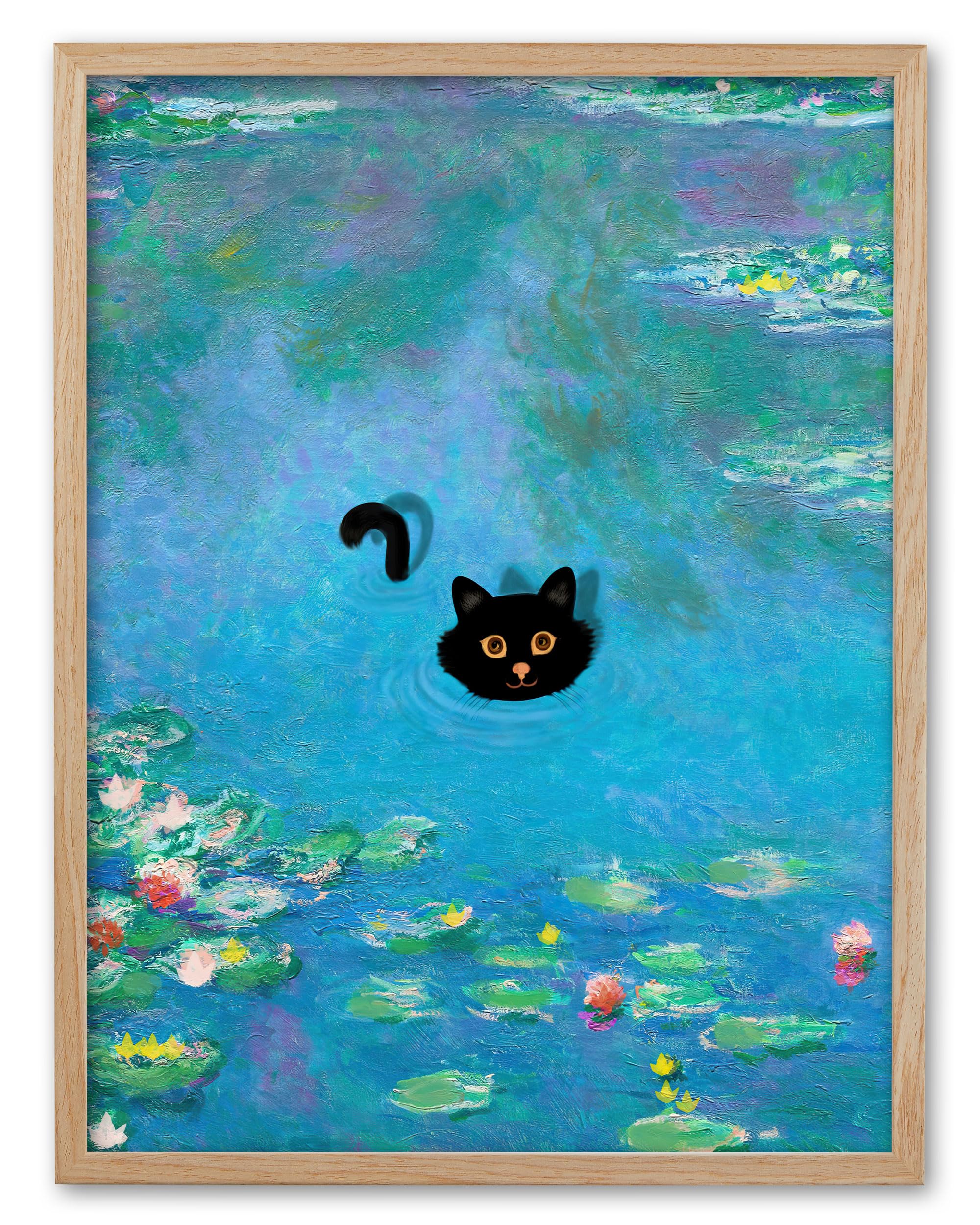 UPWOIGH Beige Oak Wood Framed Canvas Wall Art, 30x40cm Claude Monet Water Lily Cat Print, Funny Black Cat Swimming Picture for Kids Room and Bathroom Decor, 1Pack Gift