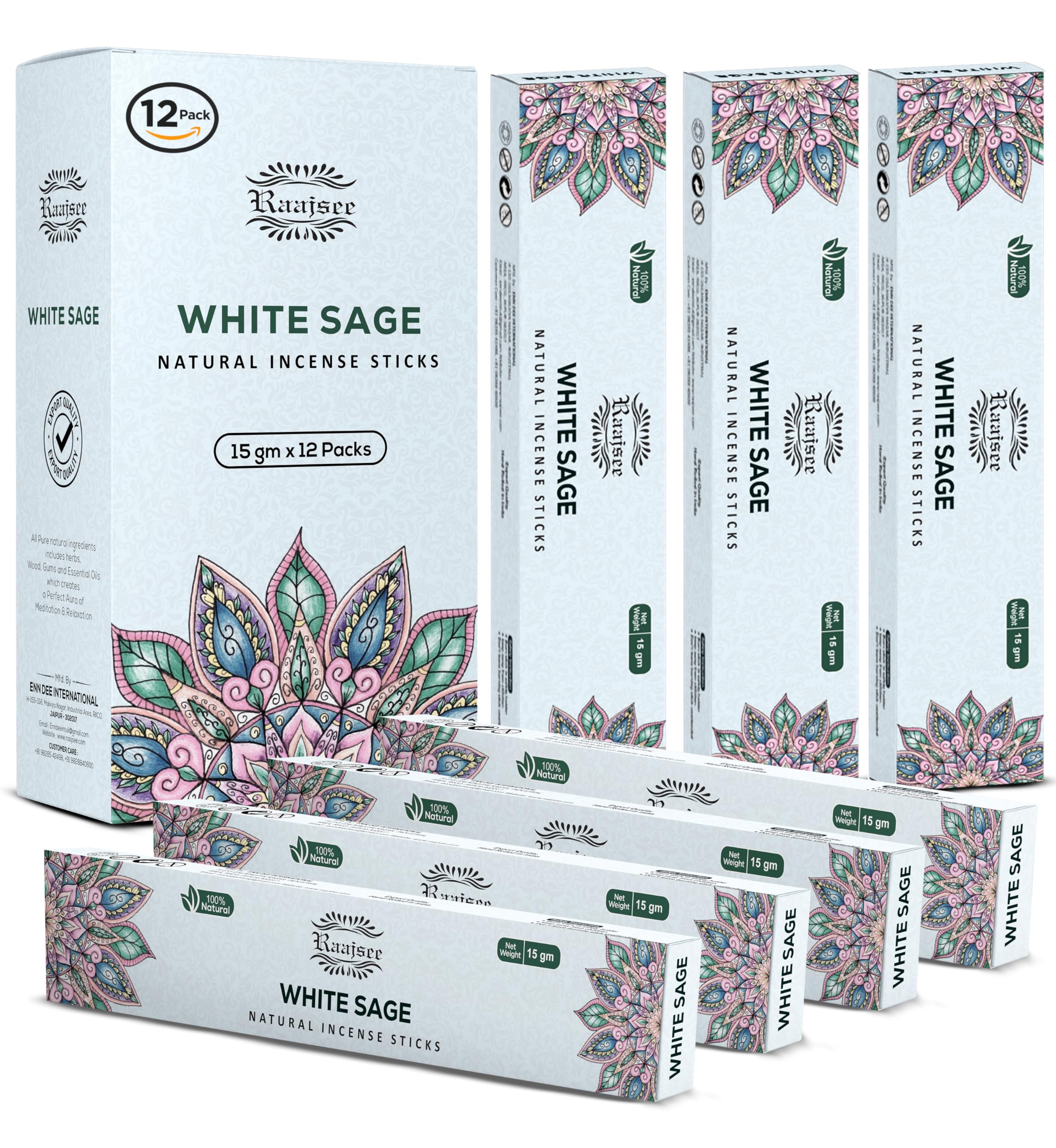 Raajsee 15 GMS x 12 Pack White Sage Incense Sticks,100% Pure Organic Natural Hand Rolled Free from Chemicals - Perfect for Aromatherapy, Cleansing,Meditation and Church