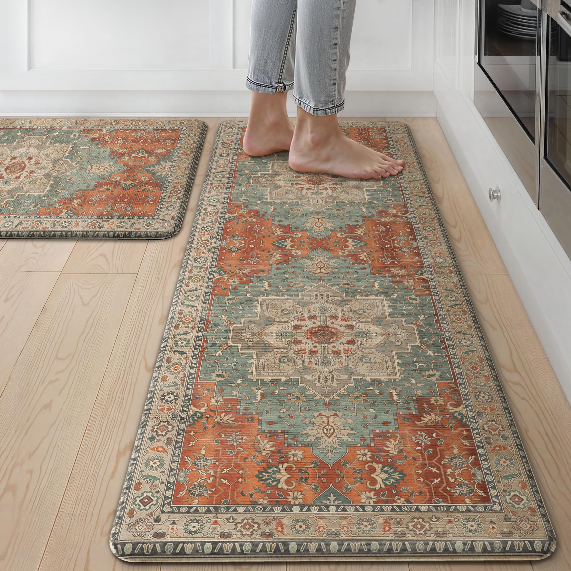 Photo 1 of GENIMO Kitchen Mats for Floor 2PCs, Washable Anti Fatigue Mat for Cushioned, 17.3"x47"+17.3"x30", Waterproof Kitchen Rugs, Non Slip Comfort Standing Mat Rug for Home, Sink, Laundry, Multi
