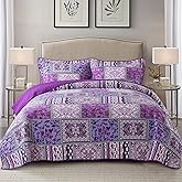NEWLAKE Cotton Bedspread Quilt Sets-Reversible Patchwork Coverlet Set, Purple Classic Bohemian Pattern,Queen Size