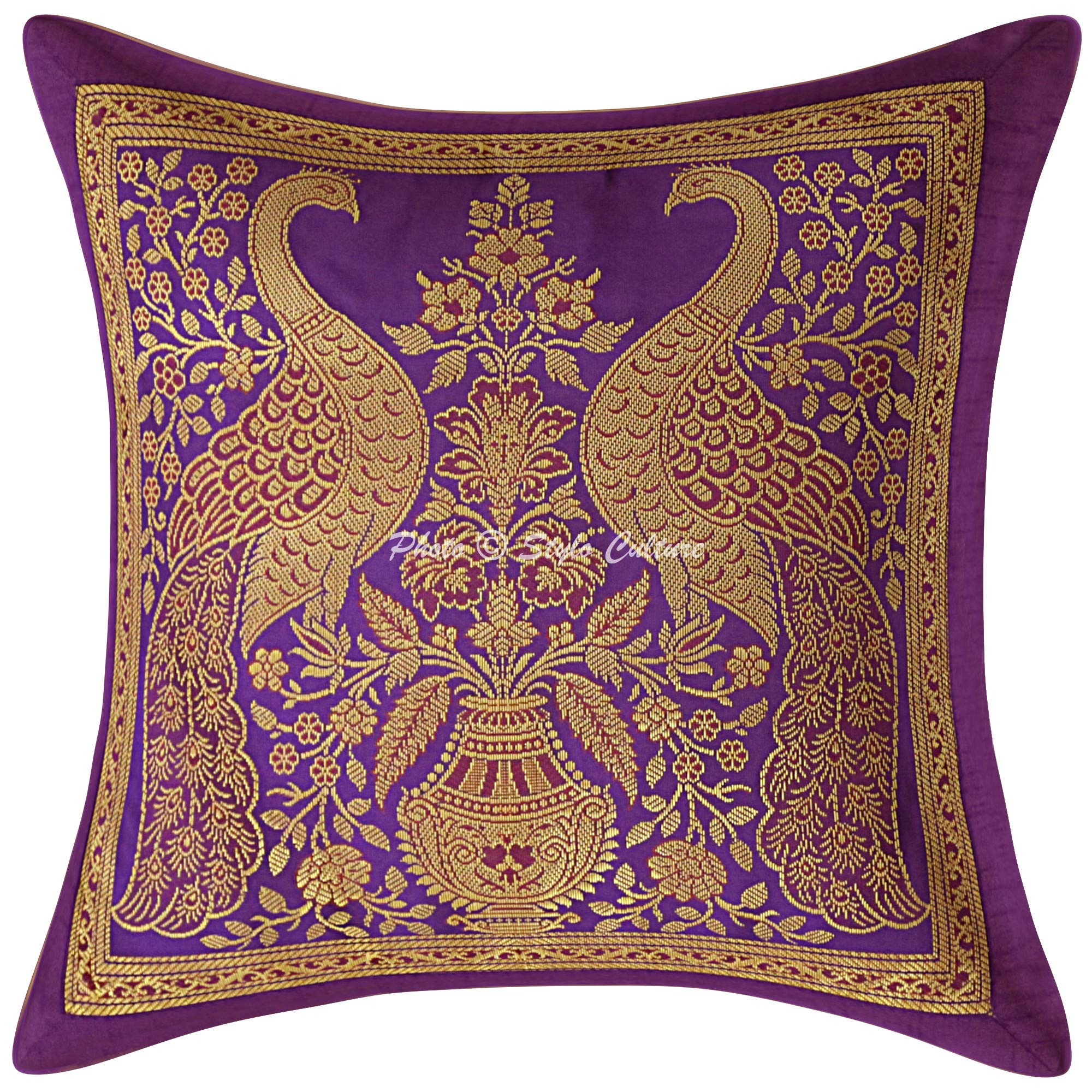 Stylo Culture Indian Jacquard Decorative Scatter Cushion Covers 12x12 Inch Purple Gold Peacock 30 x 30 cm Brocade Square Living Room Living Room Floral Throw Pillowcase - (1 Pc)