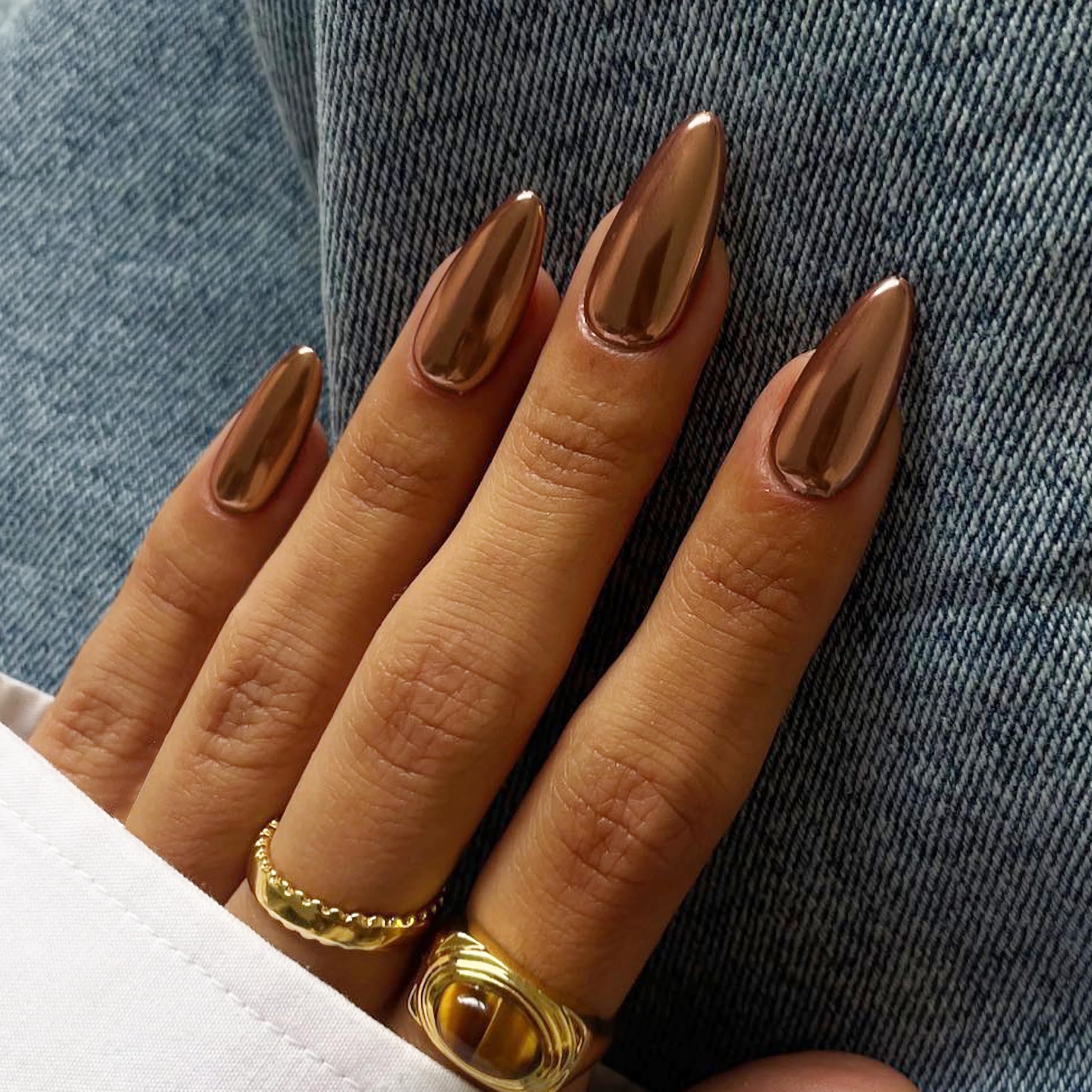 Photo 1 of Qsnidy Chrome Press On Nails Almond, Metallic Bronze Mirrored Glue on Nails Medium Press Ons, Acrylic Natural Fit Stick on Nails in 12 Sizes - 24Pcs Fake Nail Kit for Women Daily & Party Wear