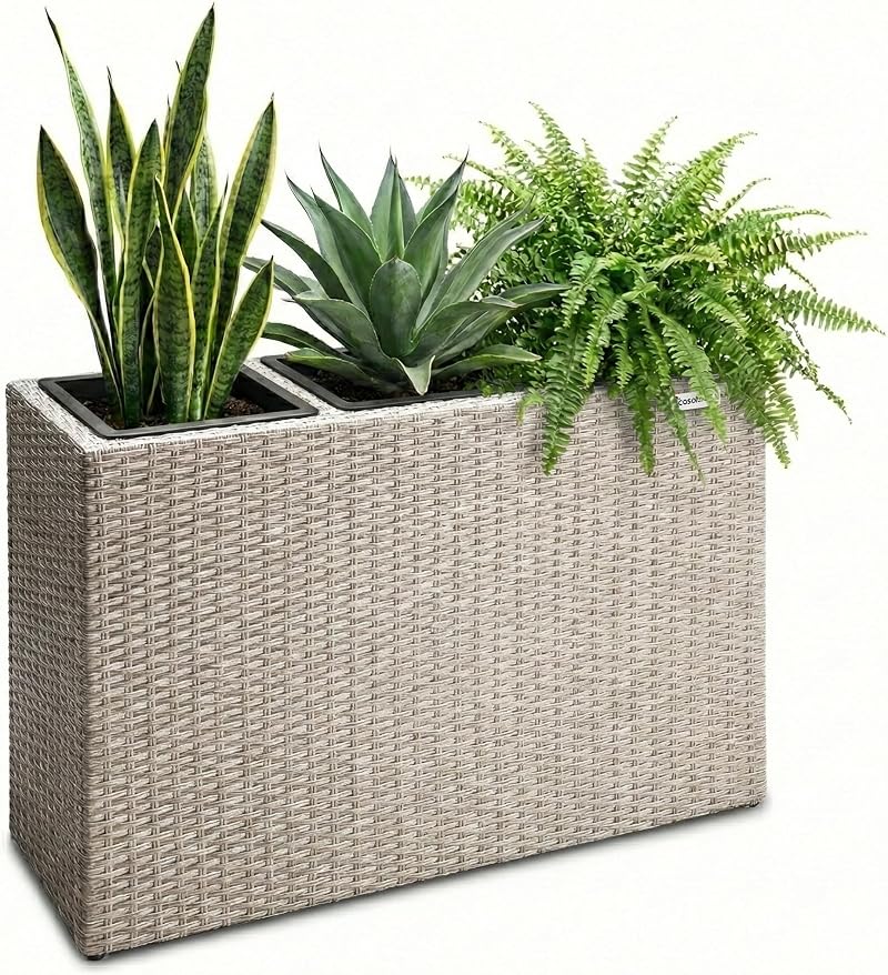 CASARIA Flower Box 3 Inner Pots Polyrattan Rectangular Planter Cream