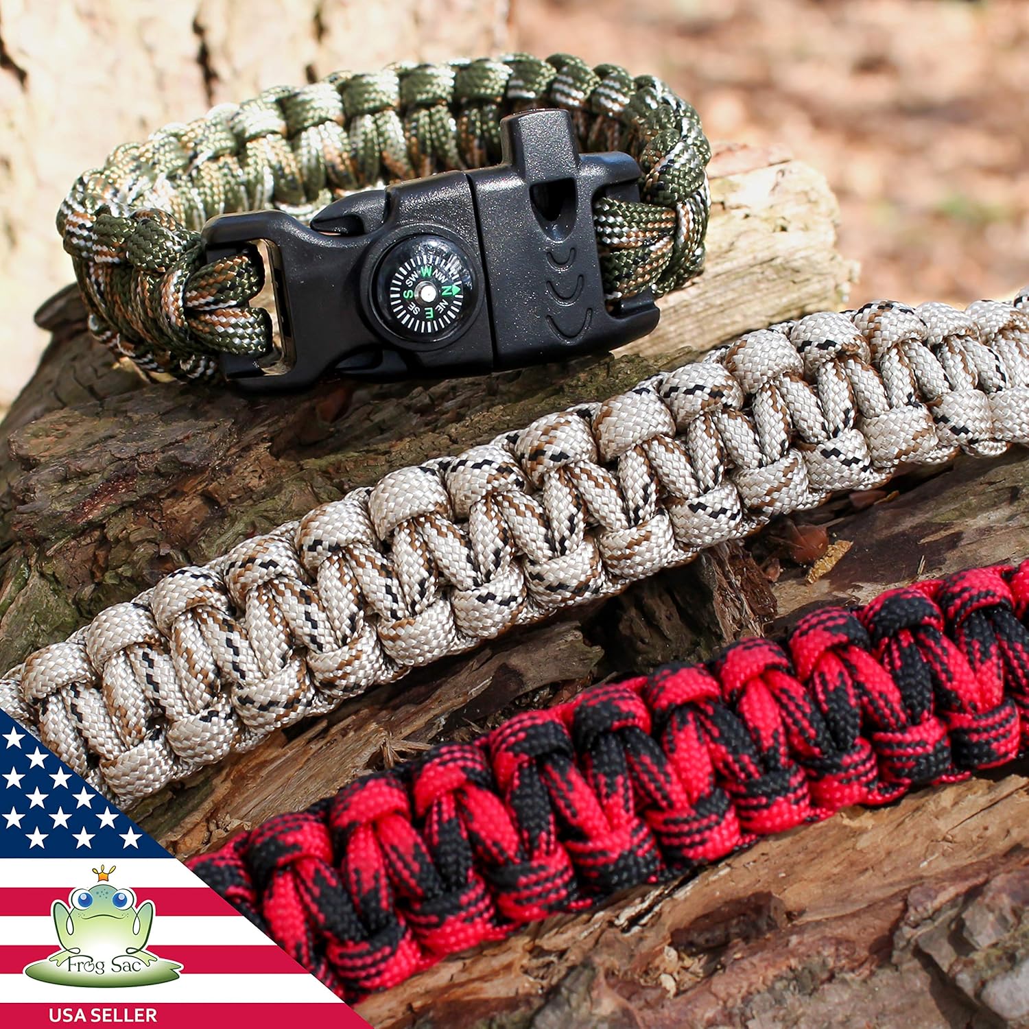 FROG SAC 3 Paracord Bracelets for Men - Camo Paracord Survival Bracelet Pack for Men with Compass, Fire Starter and Whistle - Tactical Gear Bracelets : Sports & Outdoors