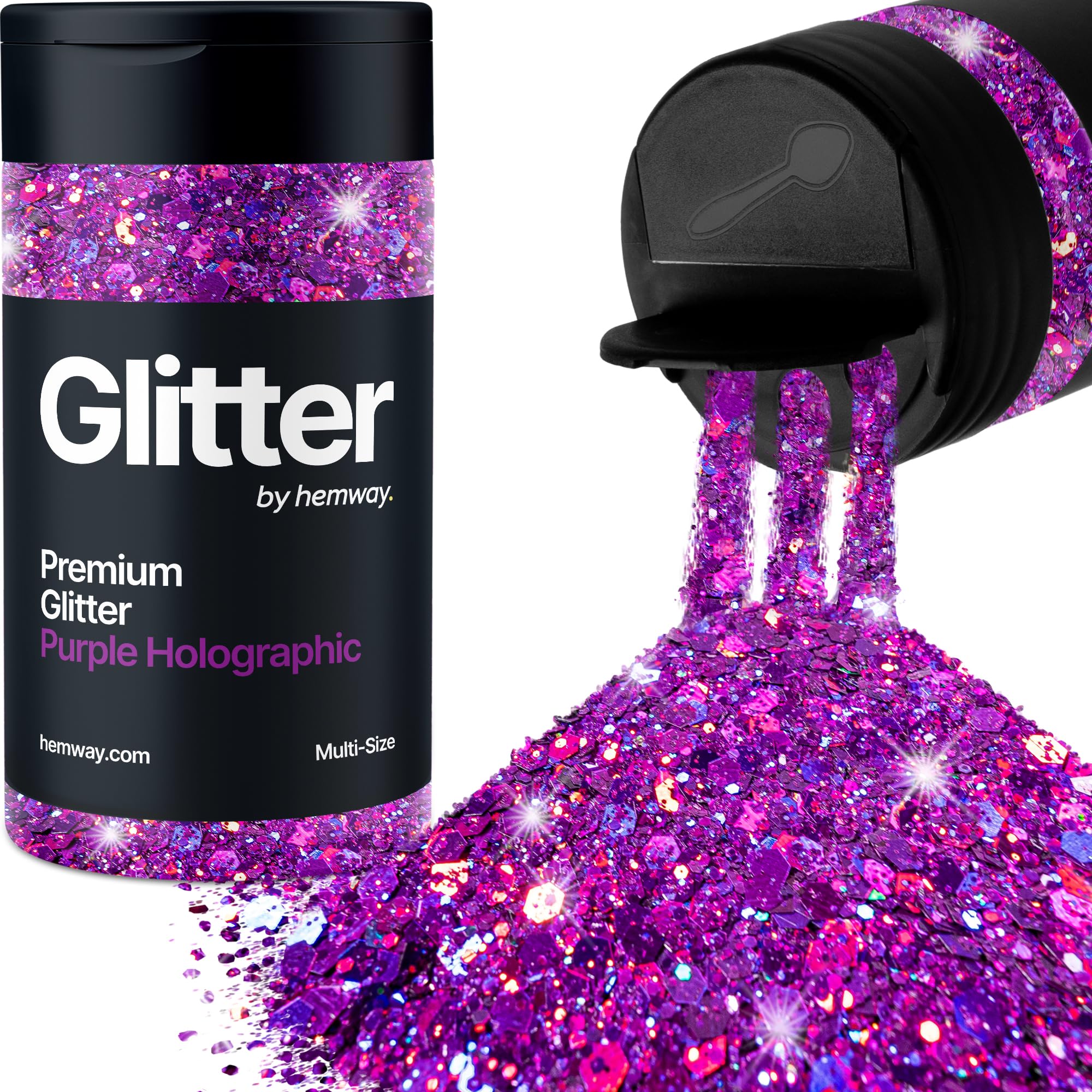 Hemway Purple Holographic Glitter Shaker, 120g Multi Size Glitter for Crafts Metallic Flake Sequins for Resin & Epoxy Crafts for Decorating, Halloween, Christmas, Nail, Face, Bunting, Art, Pots