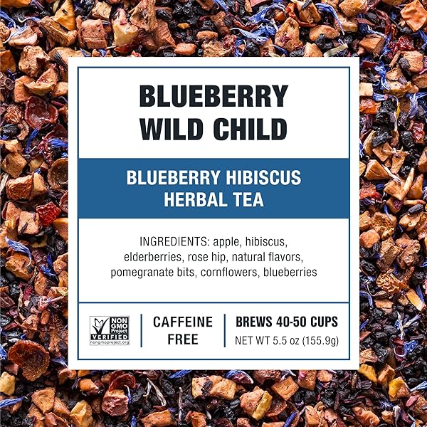 TIESTA TEA BLUEBERRY WILD CHILD, LOOSE LEAF, BLUEBERRY HIBISCUS HERBAL TEA, PREMIUM NON-CAFFEINATED BLEND, MAKE HOT OR ICED, BREWS UP TO 50 CUPS, 5.5 OUNCE REFILLABLE TIN