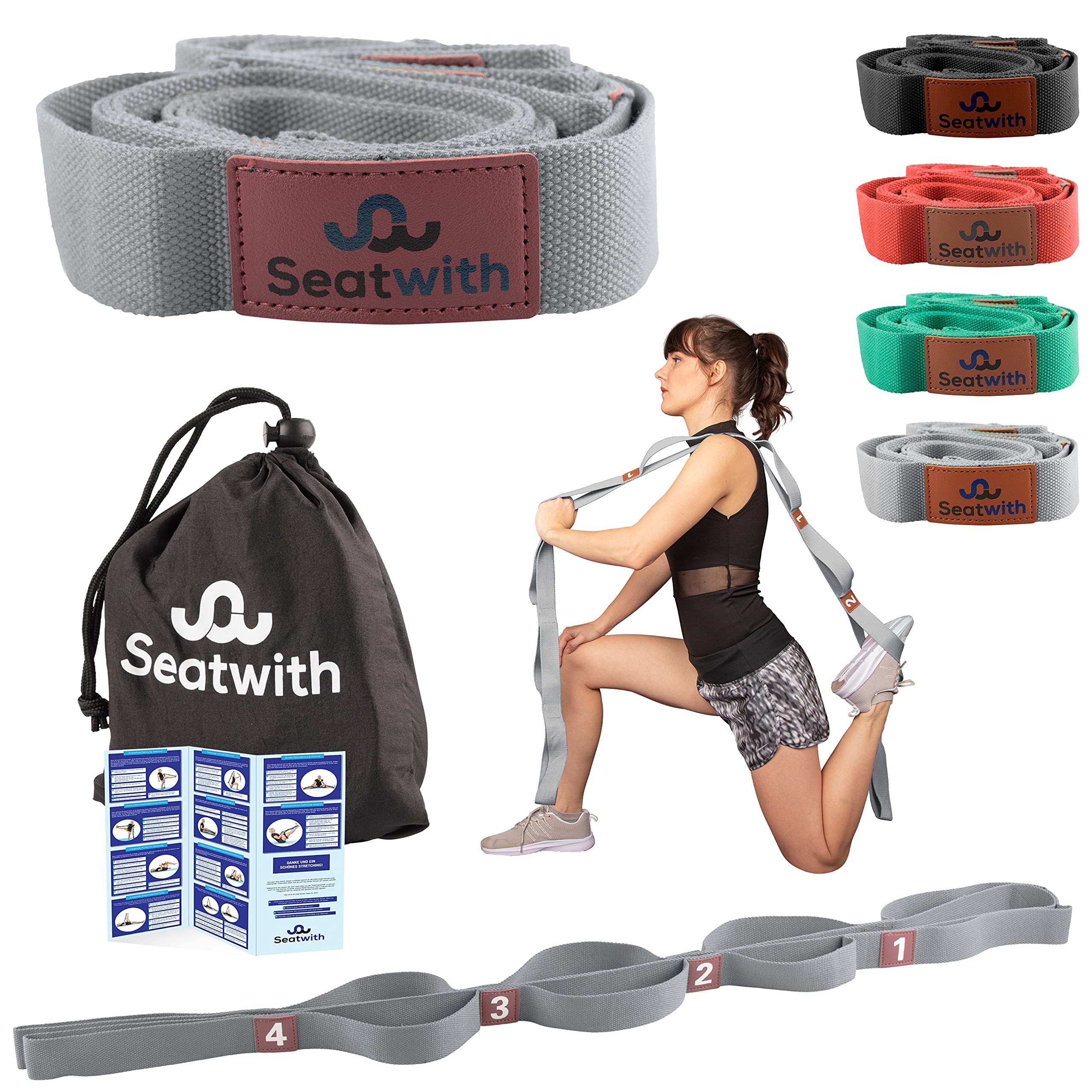 Seatwith Yoga Strap with Loops - Exercise Straps 200 X 4 cm Leg Stretcher with 10 Loops - Transport Bag + Training Instructions Included - Stretching Bands for Flexibility - GRAY — image 1