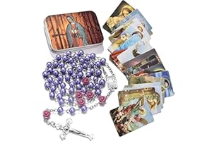 SZQCZB Rosary Beads Catholic Necklace Holy Soil Medal Cross Crucifix with Metal Box and 18pcs Prayer Cards