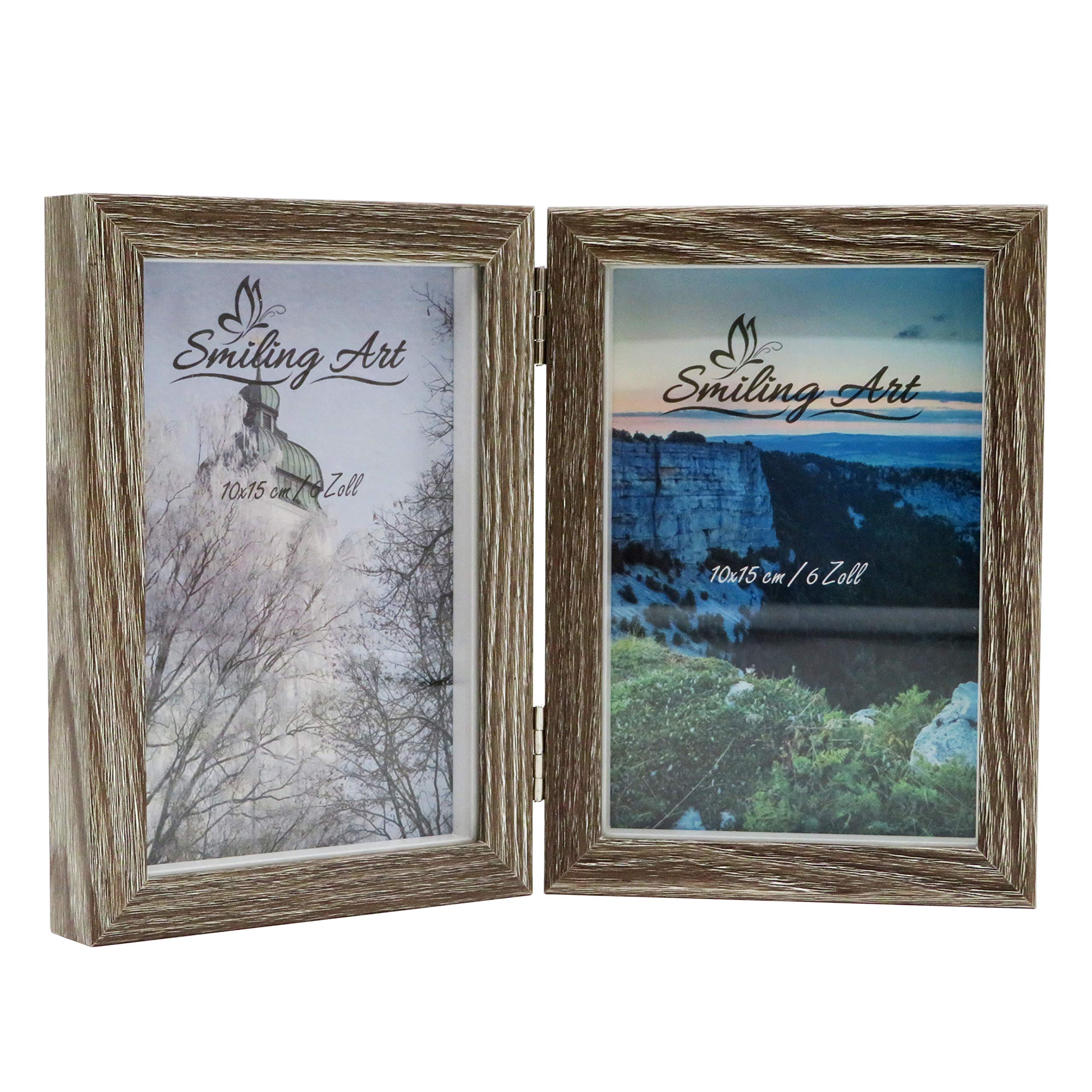 Smiling Art Picture Frame for 2 Photos Made of MDF Wood with Glass Pane, Folding Picture Frame, Double Frame (Grey, 2 x 10 x 15 cm) — image 1