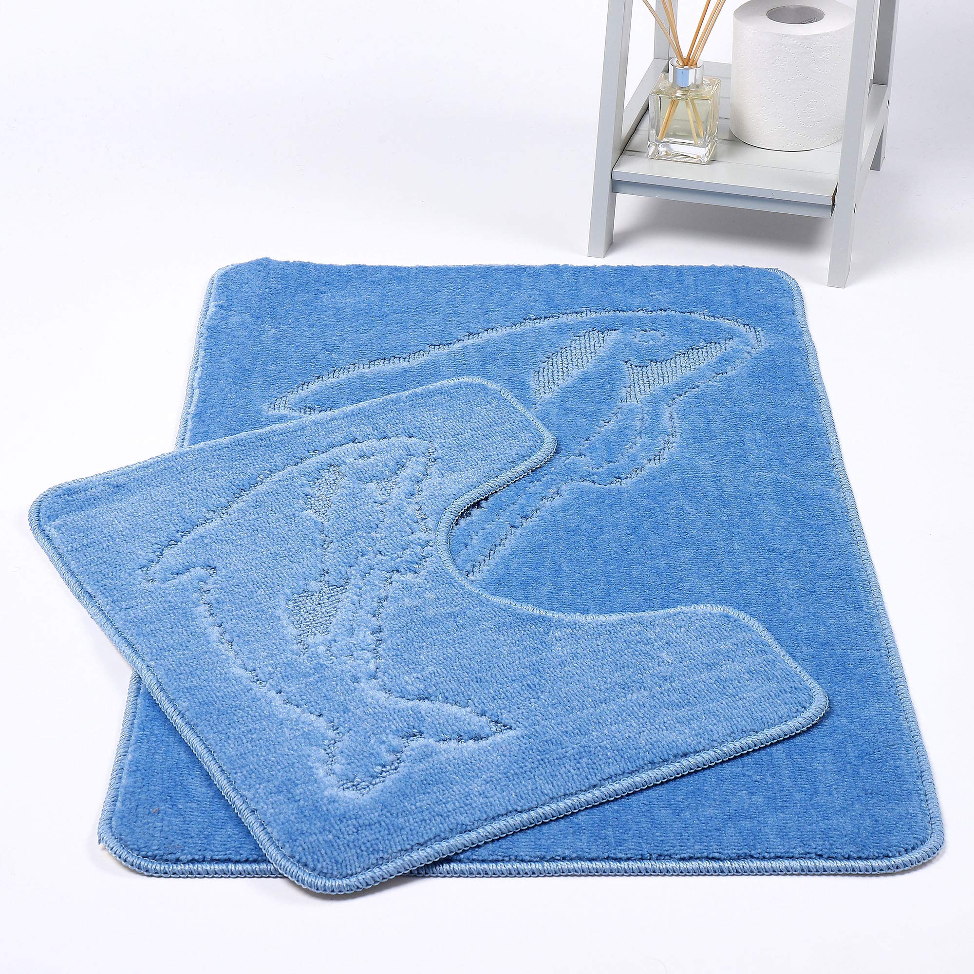 HOMES-LINEN Dolphin Bath Mats Non Slip Bathroom Mats 2 Piece Pedestal and Bath Mat Set Toilet Bathroom Rug (Mid Blue)