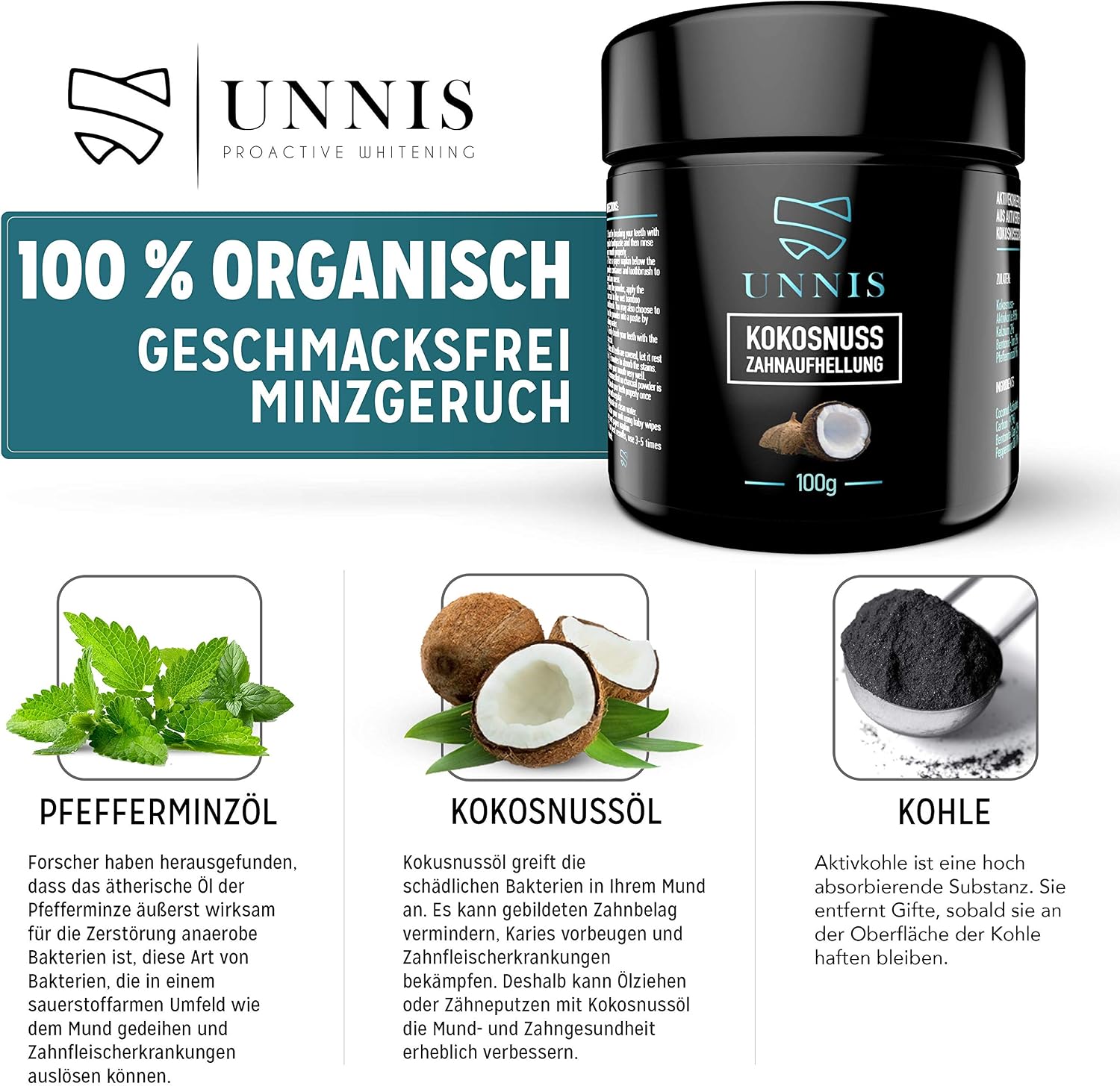 UNNIS Charcoal Teeth Whitening Powder, Natural Teeth Whitening, Detoxifying, and Cleansing, Safe for Gums and Enamel 3.5 Oz (100 g) - Image 3