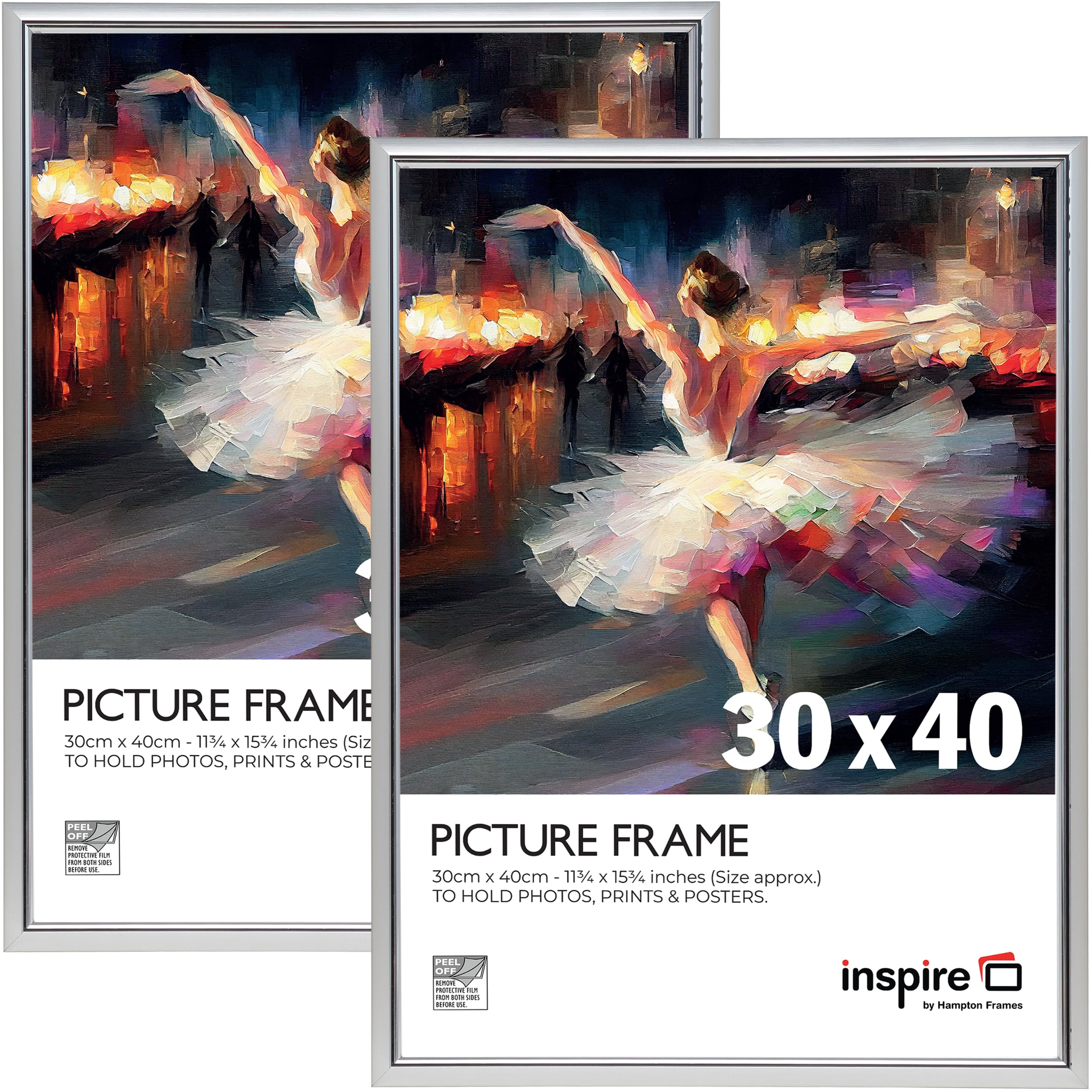inspire by Hampton Frames | Picture Poster Frames | 30x40cm, Silver, Pack of 2, Plastic, Foil Wrapped | Acrylic Front, Wall Mount, Drop-In Back | Modern Display for Photos, Certificates