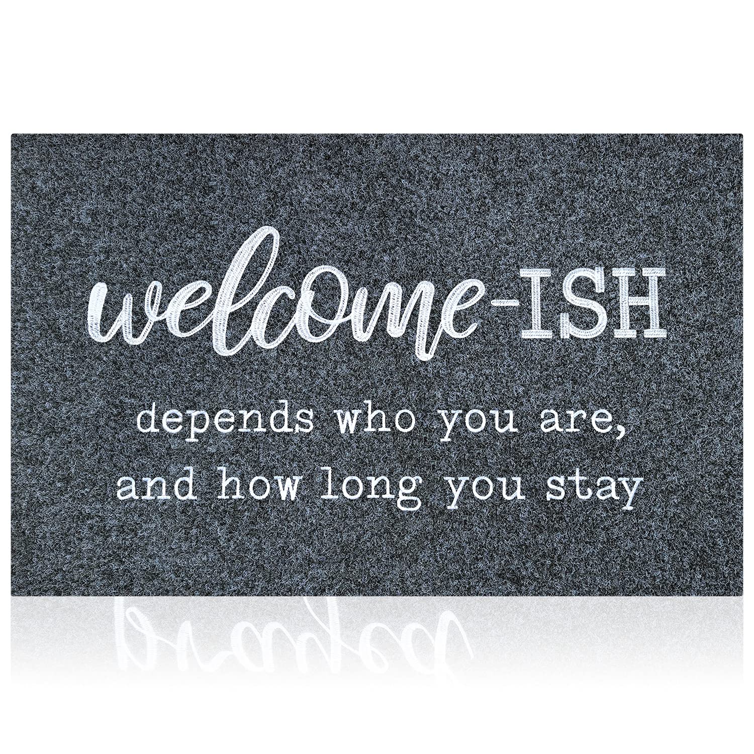 JJUUYOU Large Welcome Mat for Front Door Outside Entryway Funny Welcome-ish Gray Doormat Non-Slip Rubber Backing Heavy Duty Rugs Waterproof Low Profile Mats for Entry Patio Shoe Rugs 60 x 90 cm