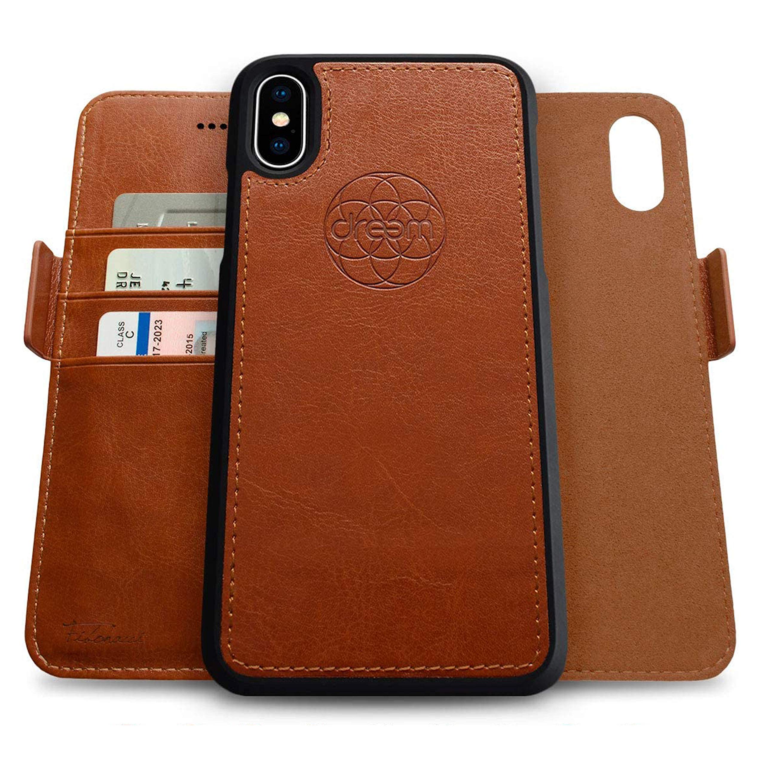 DreemFibonacci 2-in-1 Wallet Case for Apple iPhone X & Xs - Luxury Vegan Leather, Magnetic Detachable Shockproof Phone Case, RFID Card Protection, 2-Way Flip Stand - Caramel