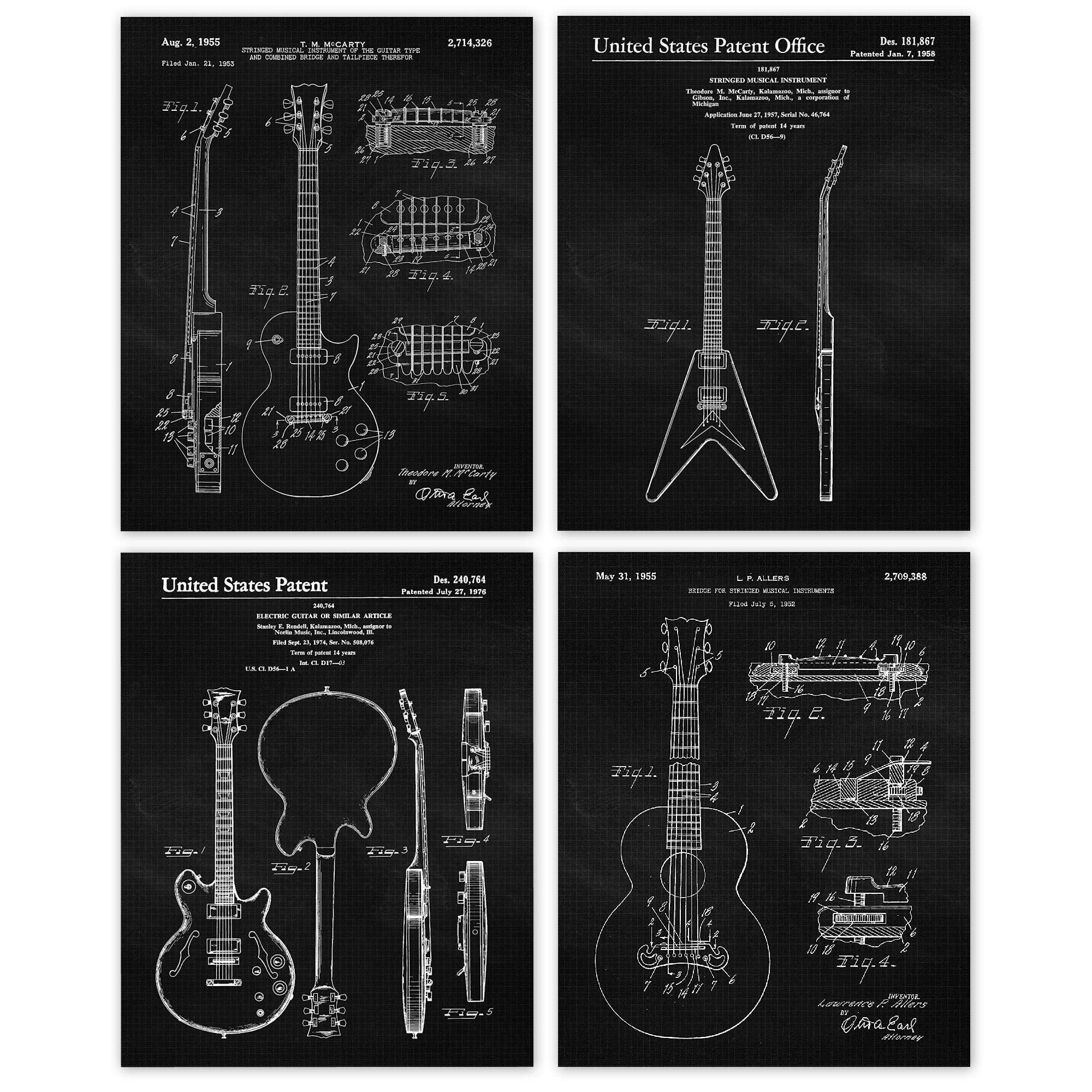 Vintage Strings Guitar Patent Prints, 4 (8x10) Unframed Photos, Wall Art Decor Gift for Home Gibson Office Man Cave Gears Garage College Student Teacher School Rock Roll Concert Band Music Fans
