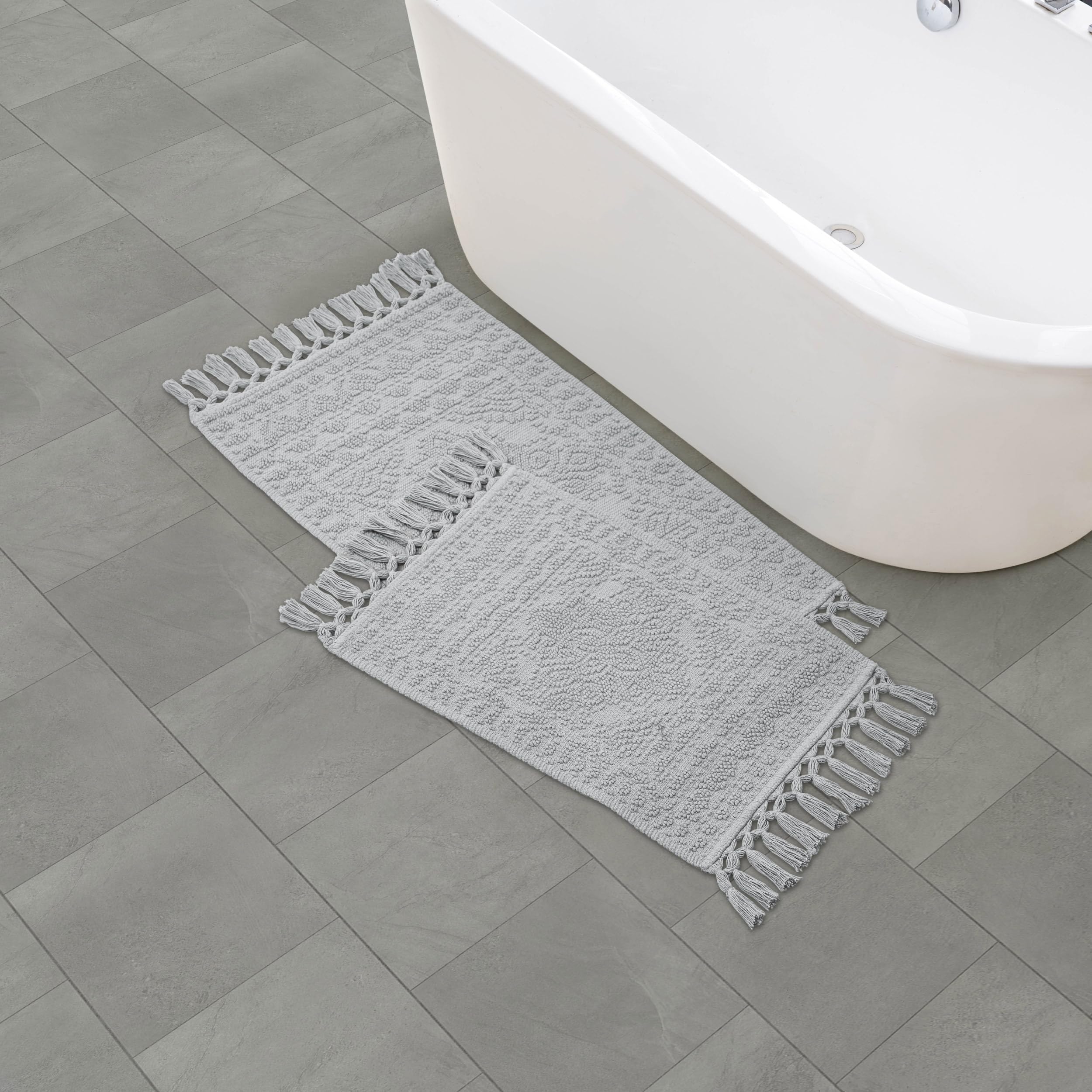 French Connection Nellore Bath Rugs, Set of 2 Woven and Beaded Bath Mats, Durable and Thick Bath Mats for Bathroom and Shower Rugs, 17" x 28" and 20" x 38", Light Grey Image