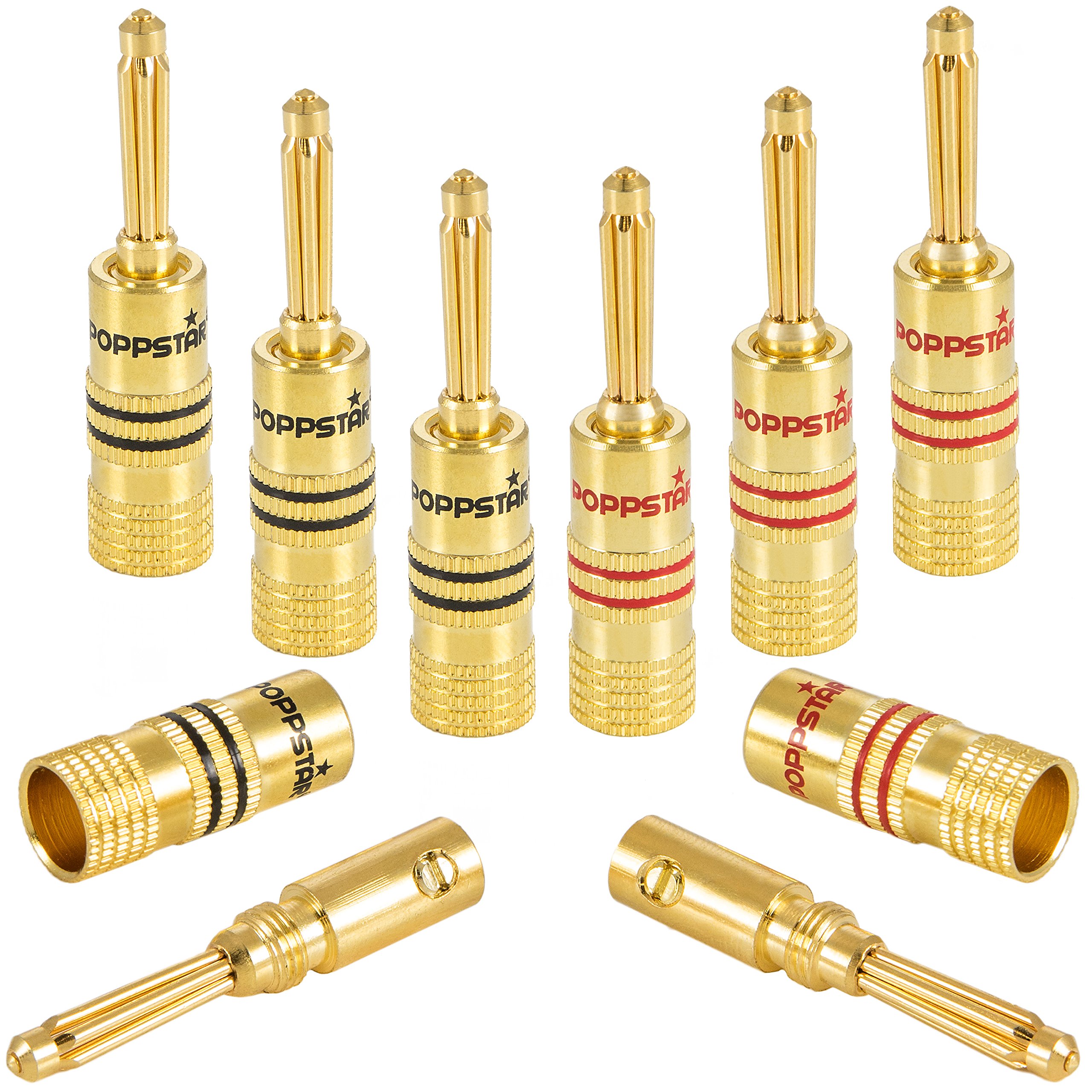 Poppstar 8x High End Banana Plug, Bananas for speaker cable (up to 4 mm²), Speaker, AV Receiver, 24k gold plated (4x black, 4x red)