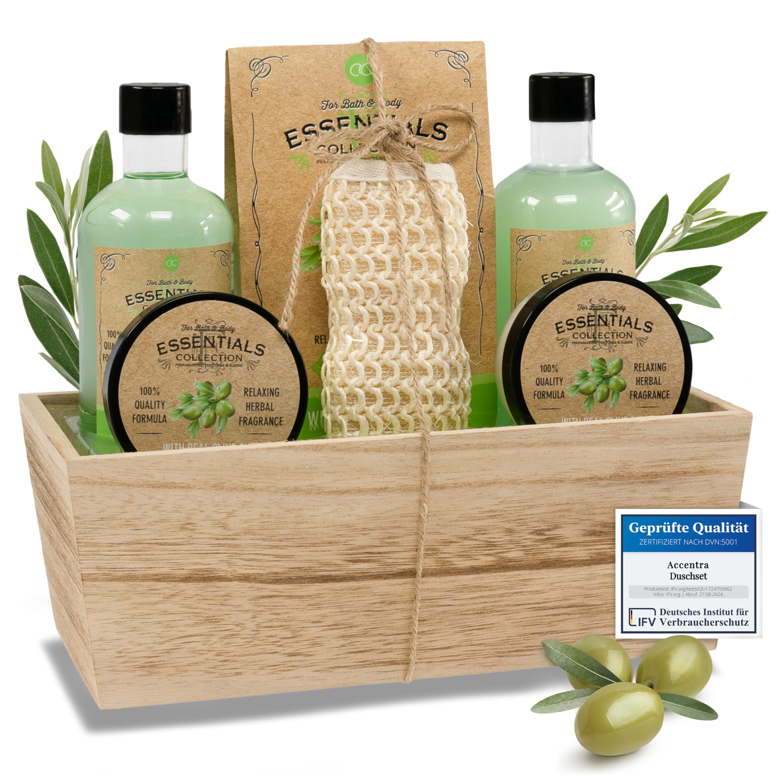 Accentra gift set OLIVE in a wooden basket Bath, SPA and shower set olive fragrance - 7-piece gift set in a decorative wooden basket, the best gift for birthday, christmas