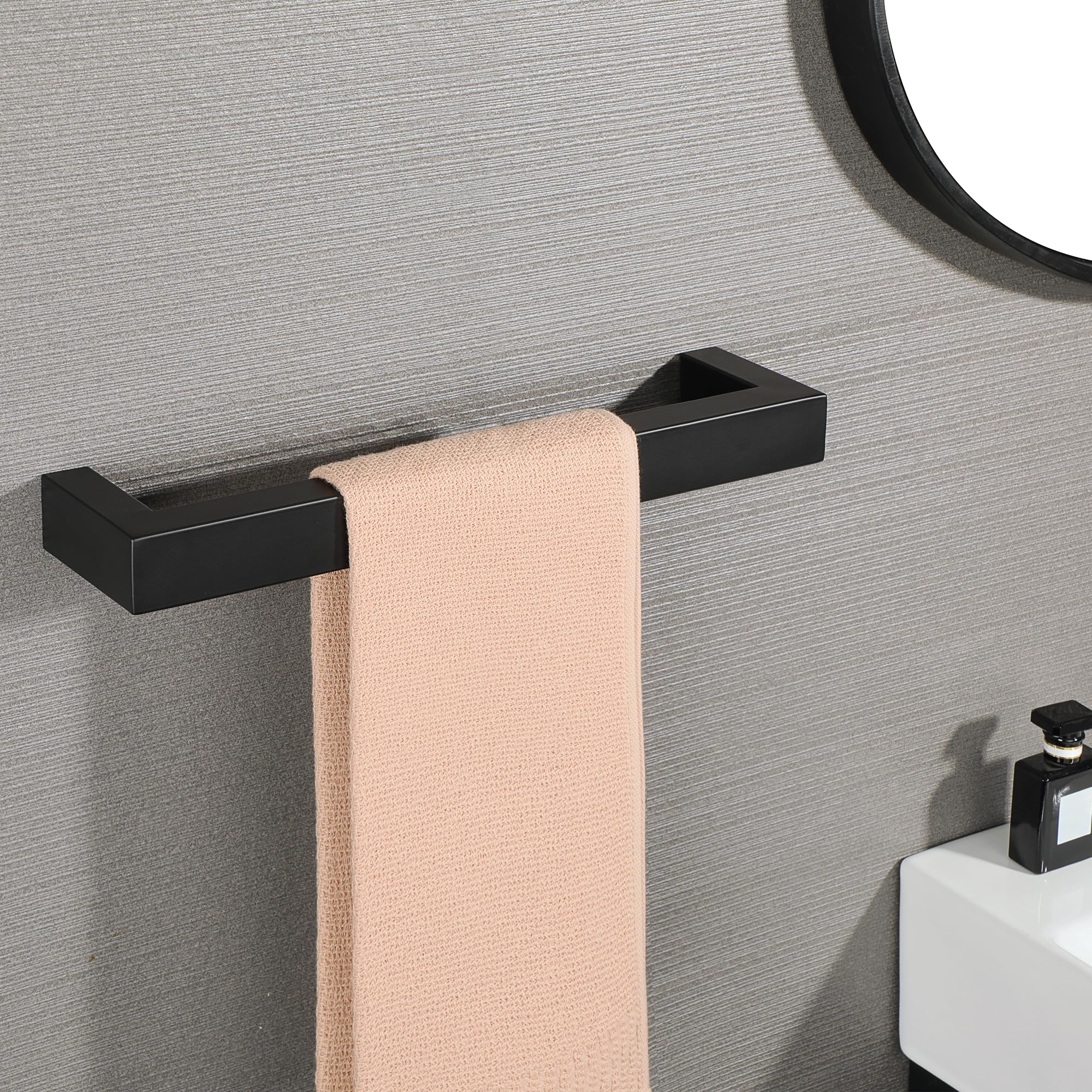 Mooche Black Towel Rail Wall Mounted, 40cm Large Hand Towel Holder for Bathroom, SUS304 Stainless Steel Waterproof Rustproof Towel Bar, Matte Black Finished