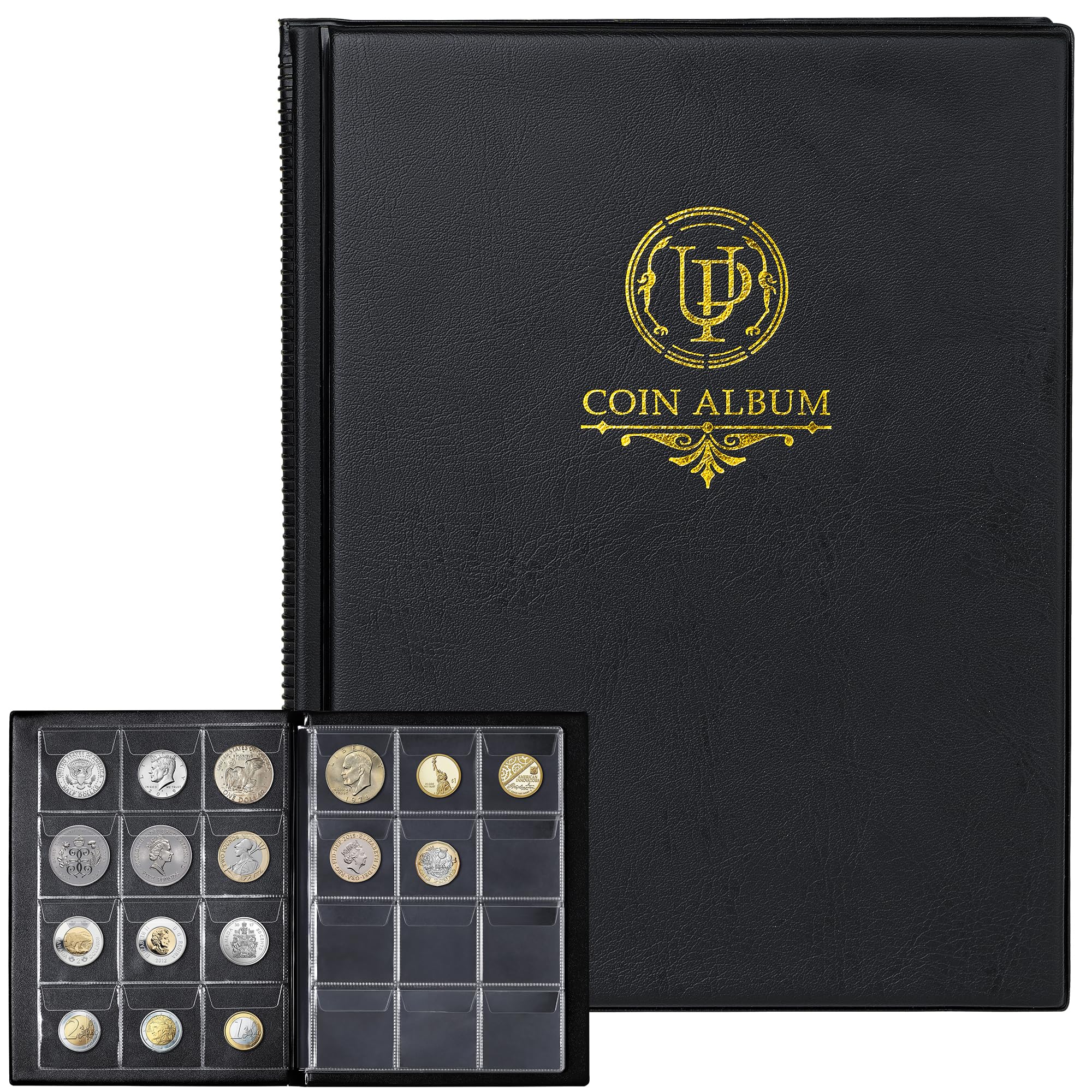 Photo 1 of 120 Pockets Coin Album - Coin Collecting Book with 10 Pages, 45x43 mm Grid Holder for Pounds Pence Cents Dollars Nickel (Black) CS48120BK