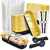NPLUX100 Pack Mini Cake Pans with Lids and Spoons Black Gold Rectangular Aluminum Foil Baking Pans Mini Cheesecake Containers