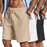 Neer 3 Pack Men's Cotton Linen Shorts Elastic Waist Drawstring Bermuda Shorts Summer Knee Length Beach Short with Pocket