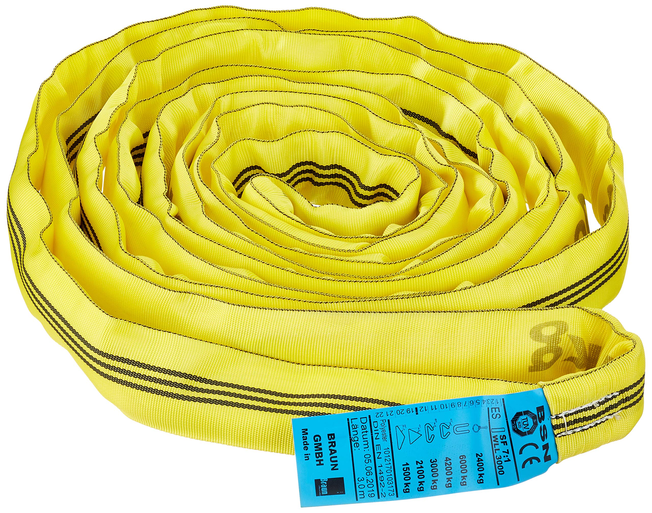 Braun 30061RS Recovery Strap Loop 3000 kg Load 6 m with 3 m Usable Length Continuous with Polyester Core Yellow