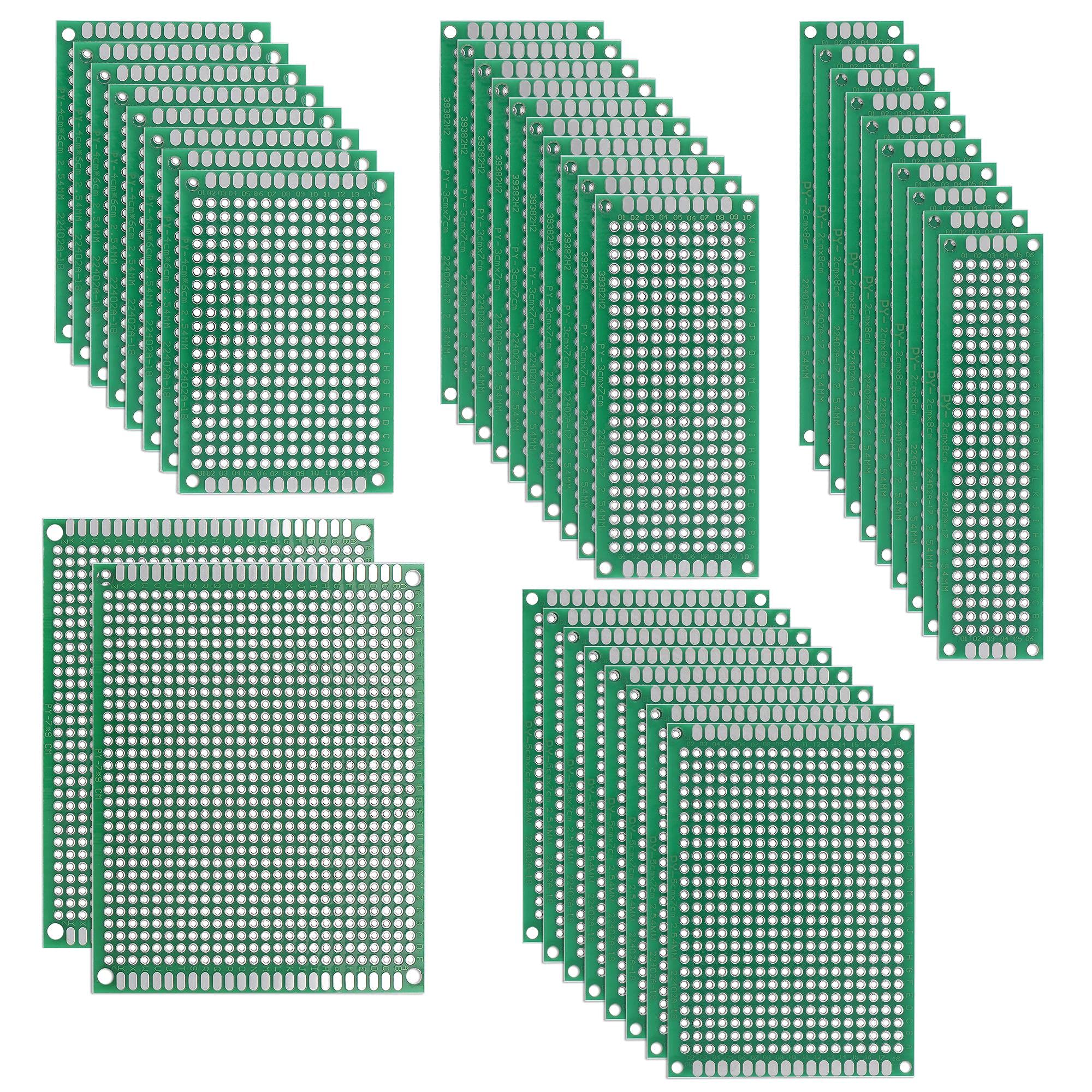 sourcing map Double-Sided PCB Board Printed Circuit Boards Kit (5 Sizes - 2x8 3x7 4x6 5x7 7x9) Prototyping Board for DIY Soldering Electronic Projects Practice Test Circuit 36pcs