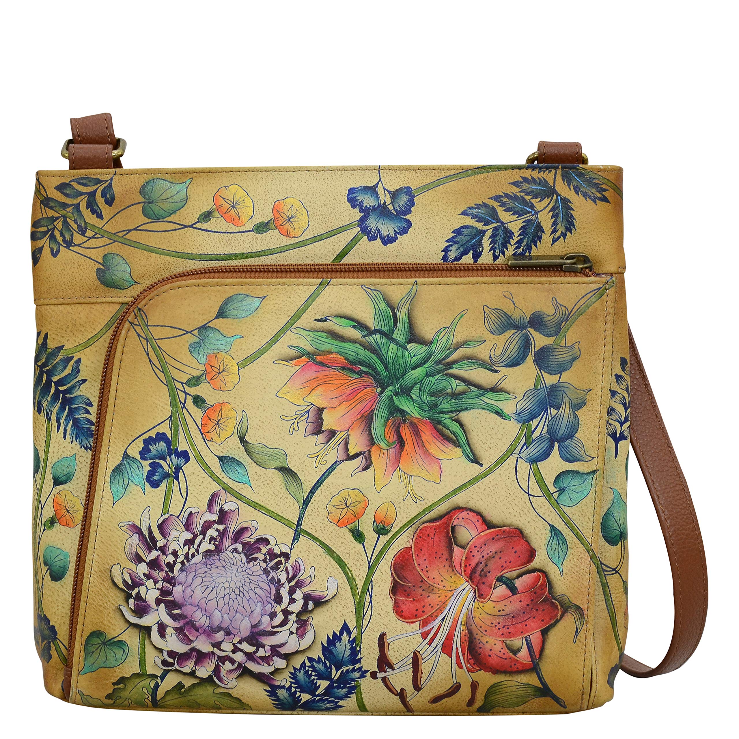 Anuschka Women’s Genuine Leather Crossbody With Front Zip Organizer - Hand Painted Exterior - Caribbean Garden