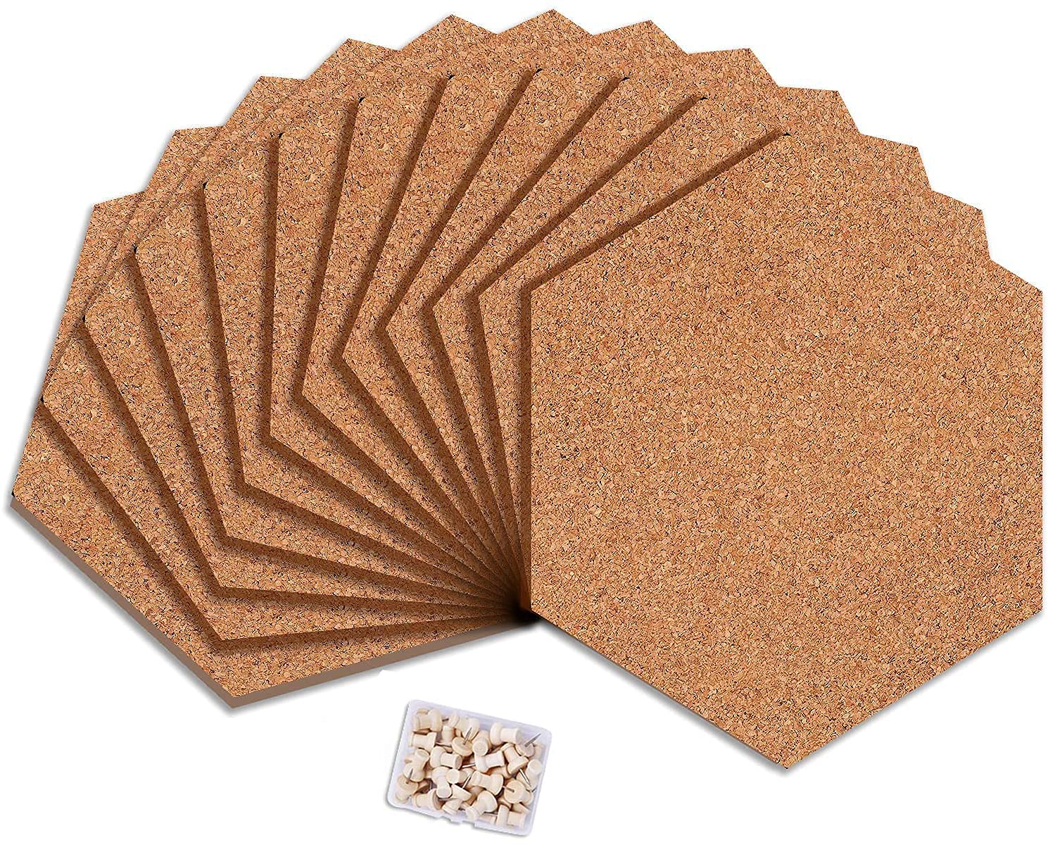 B&Z Self Adhesive Sticky Cork Board Hexagon Tiles Mini Wall Bulletin Boards Pin Message Notice Board Office Memo School Pinboard Wooden Push Pin Hexagon Rounded Curves (30cm x 26cm x 0.6cm) (12)