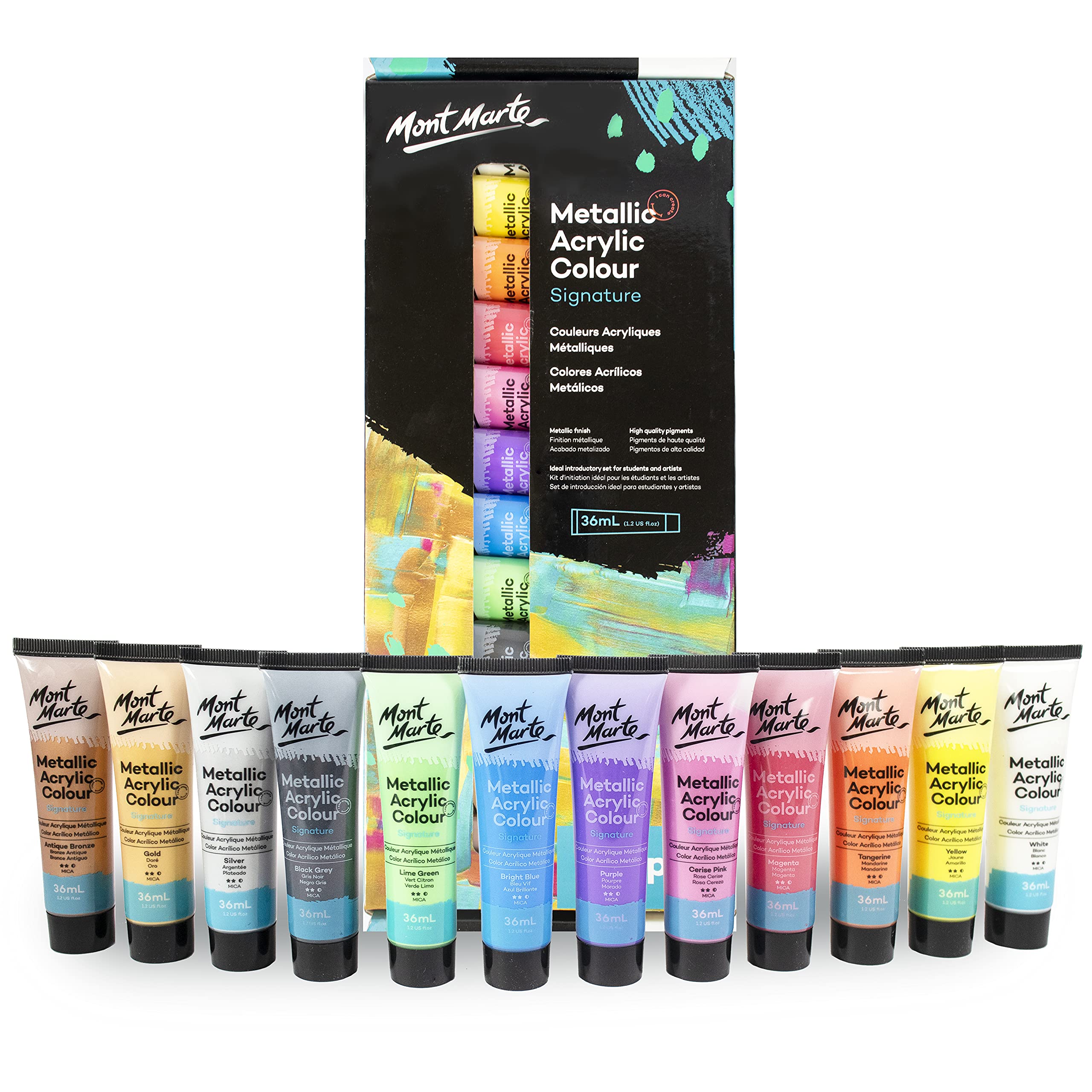 MONT MARTE Premium Metallic Acrylic Paint Set, 12 x 1.02oz (36ml) Tubes, 12 Colors, Suitable for Most Surfaces Including Canvas, Card, Paper and Wood