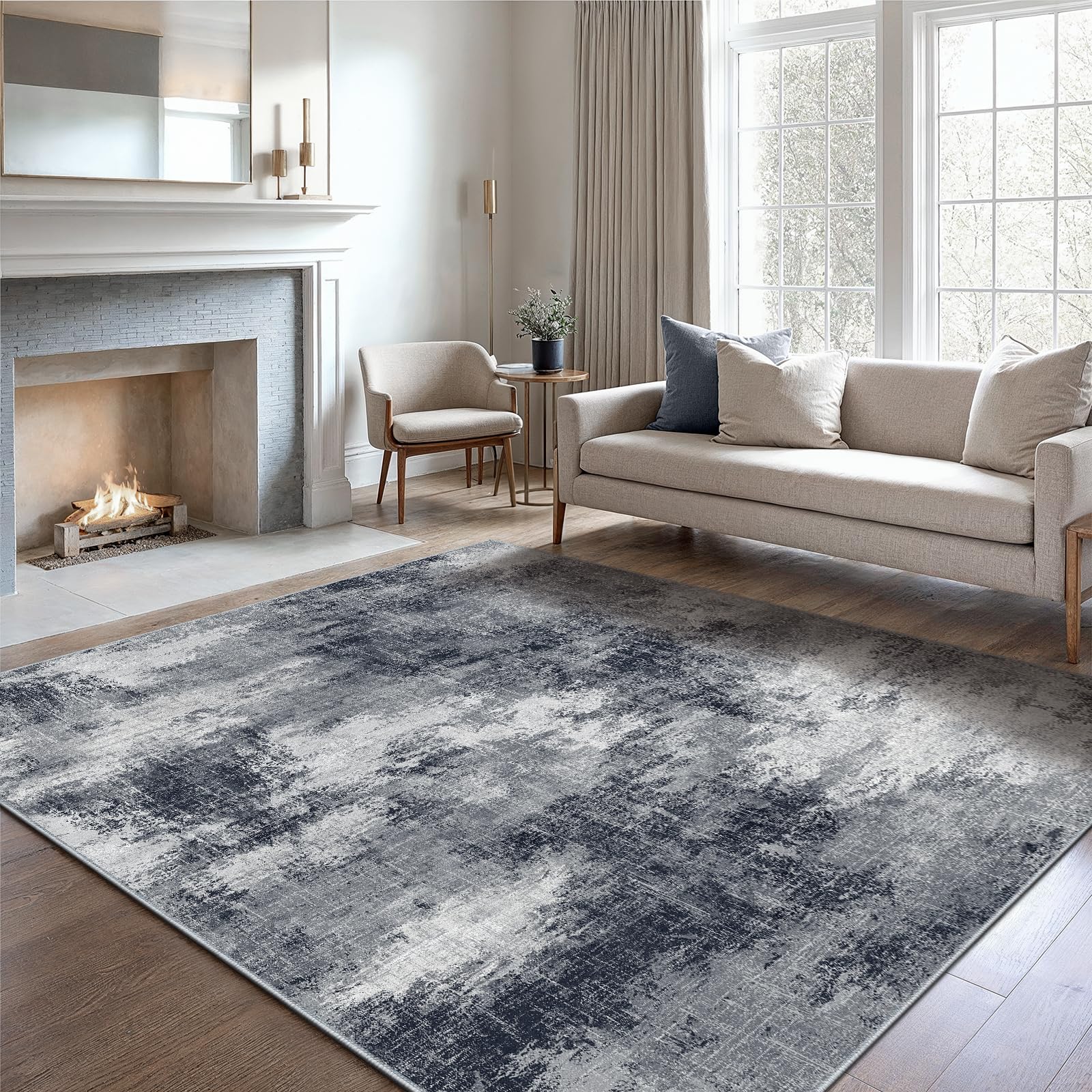 AMADA HOMEFURNISHING 5x7 Area Rugs for Living Room, Modern Abstract Washable Rug Neutral Soft with Non-Slip Backing & Low Pile Kids Rug for Resistant, Bedroom, Nursery Home Office, Grey Image