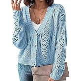 Flamingals Women's Crochet Cardigan Hollow Out Lightweight Long Sleeve Knit Cardigan Sweater Elegant Mesh Button Cover Up