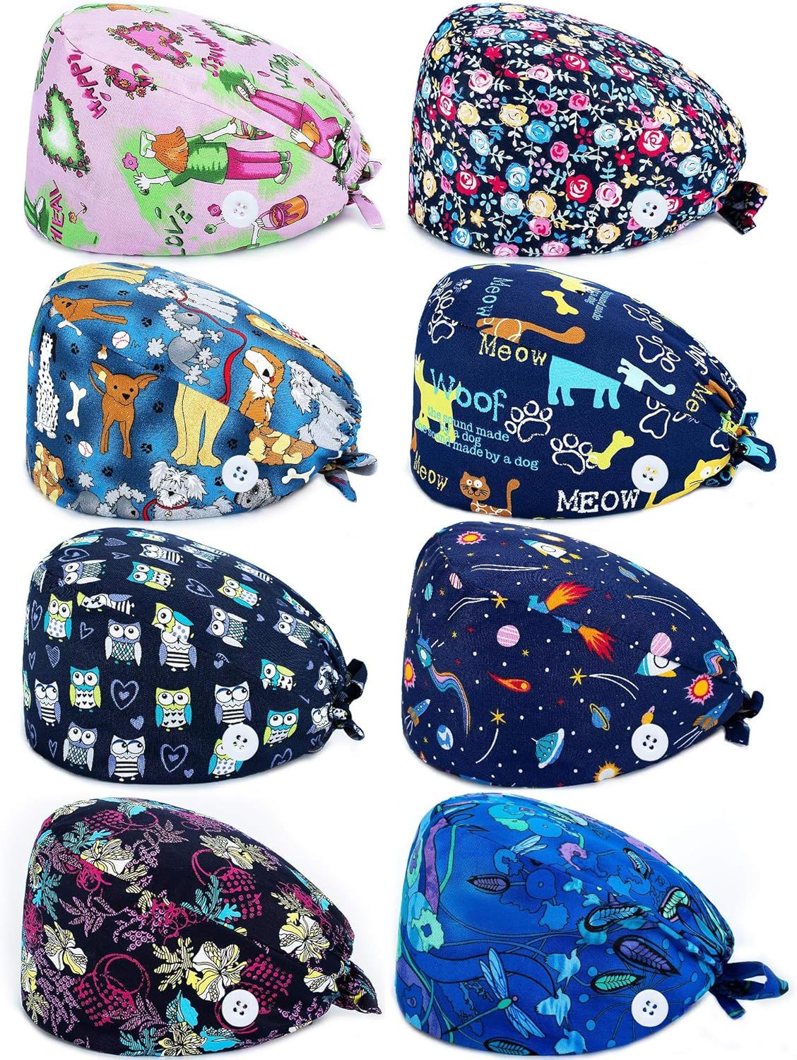 8 Pieces Working Caps with Button Tie Back Hats with Sweatband for Women Men (Animal Style): Clothing