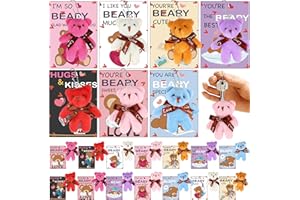 GRASTFU 28 Pack Valentiens Day Gifts for Kids Classroom Valentines Day Cards with Mini Bear Plush Toys Keychain Valentines for Kids School Exchange Gifts Mini Stuffed Animal Plush Toys Valentines Party Favors