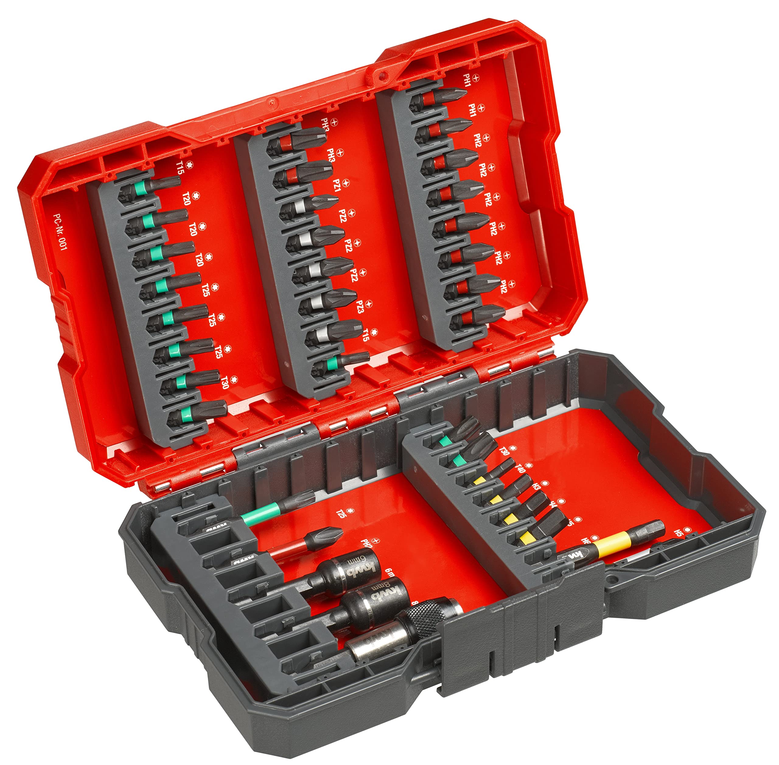 KWB BIT BOX FOR IMPACT/IMPULSE WRENCH - 37-PIECE BIT SET WITH BIT HOLDER AND SHOCK-RESISTANT SOCKETS, E C 44626 SHAFTS