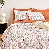 Wake In Cloud - Floral Quilt Set, Botanical Vintage Flower Coquette Cottagecore for Women Teen Girls, Reversible Lightweight Bedspread Coverlet, 3 Pieces, Terracotta Orange, Queen/Full Size