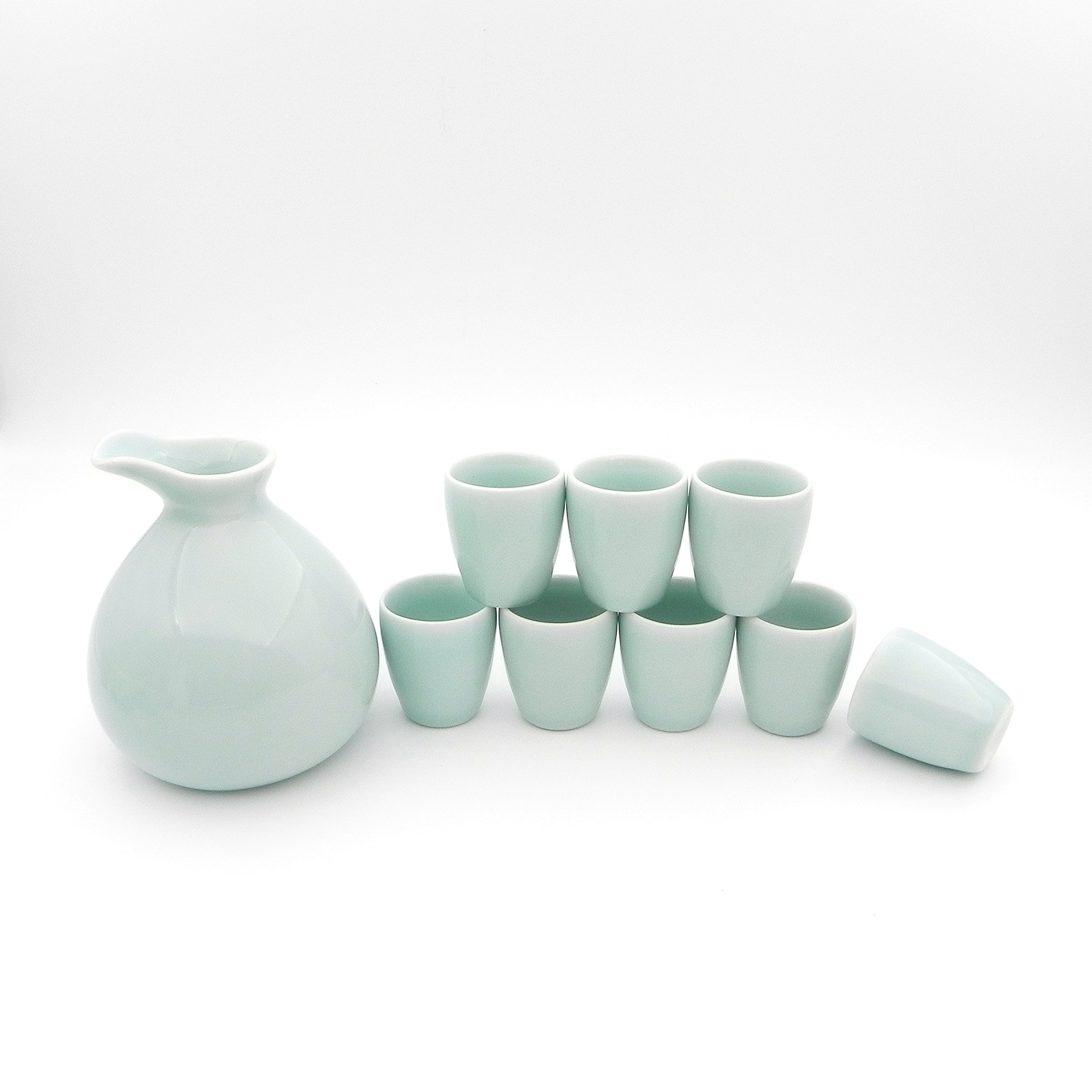 Ashbur Craftmanship 9 Piece Japanese Celadon Glazed Ceramic Sake Set, Fat Penguin Style (Light Blue)