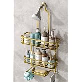 BXINREDA Shower Caddy Hanging, Never Rust Aluminum Shower Organizer, Over Showerhead No Drilling Shower Racks, with Soap Holder Multi Hooks Bathroom Storage for Shampoo Sponge (Gold)