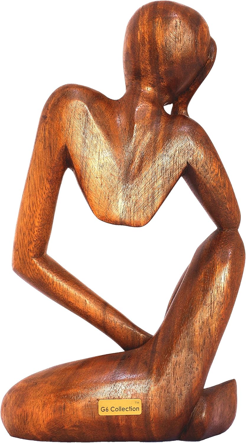 G6 Collection 12" Wooden Handmade Abstract Sculpture Statue Handcrafted - Thinking Man - Gift Art Decorative Home Decor Figurine Accent Decoration Artwork Hand Carved (Brown): Home & Kitchen