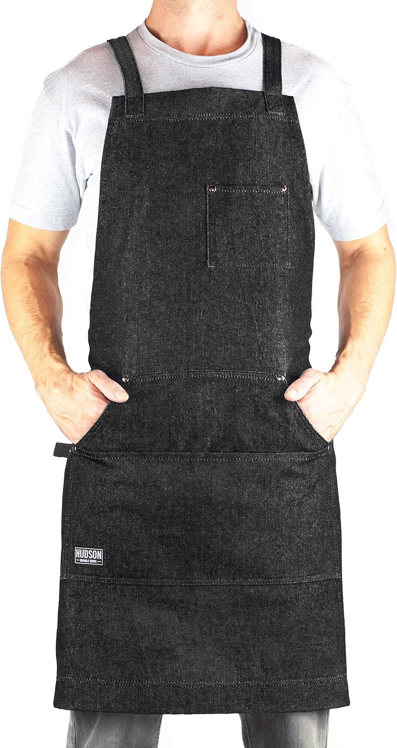 Hudson Durable Goods - Professional Grade Chef Apron for Kitchen BBQ & Grill, Black Denim, M to XL