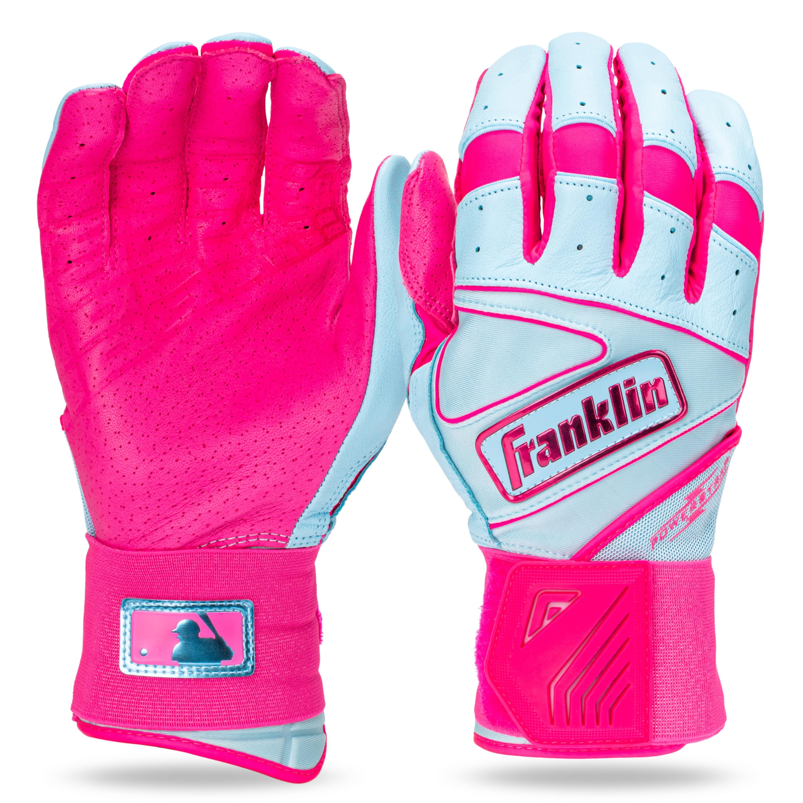 Franklin Sports MLB Batting Gloves - Infinite Powerstrap Baseball Batting Gloves - Durable Full Wrap Cage Practice Gear - Long Cuff Wrist + Heavy Duty Leather - Pink/Carolina Blue - Adult Small Image